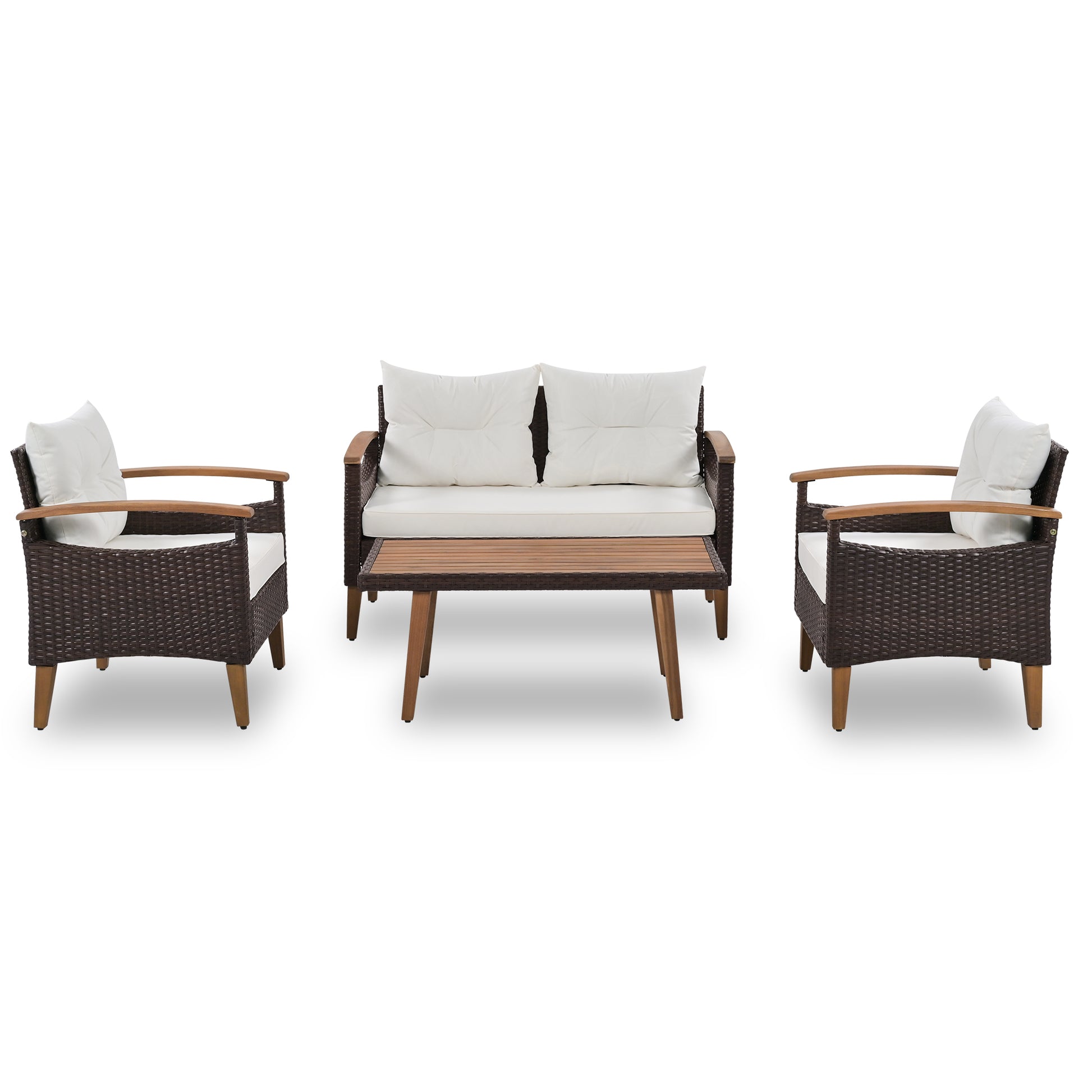Brown wicker patio furniture set with white cushions