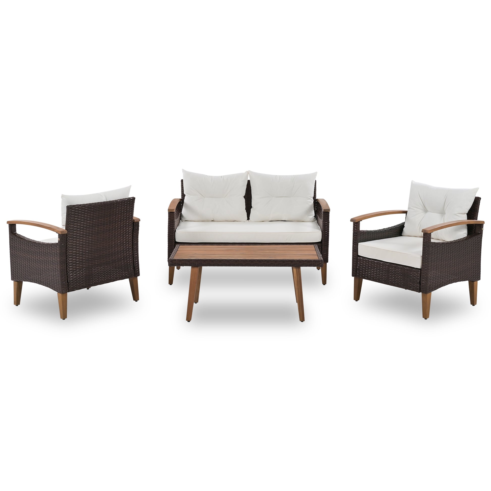 Brown rattan loveseat with white cushions and wooden accents