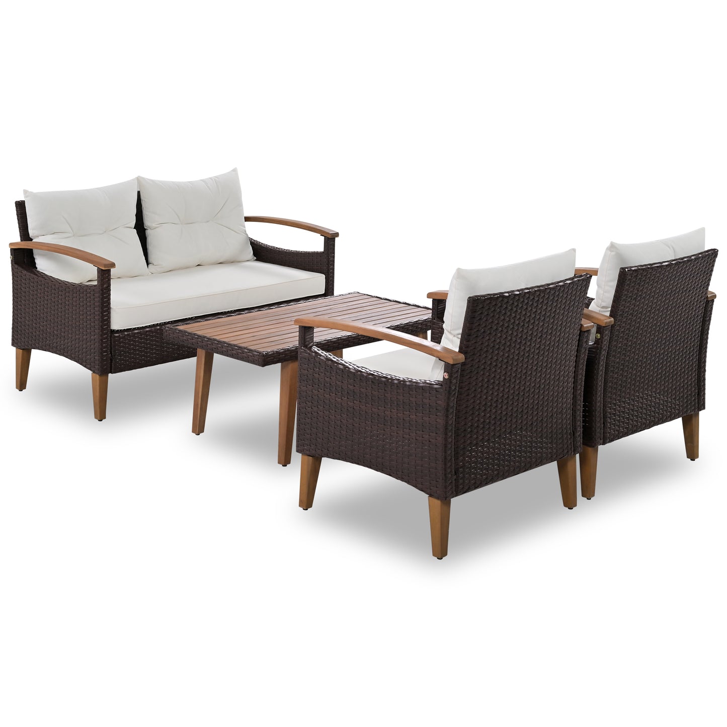 Brown wicker outdoor furniture set with white cushions and coffee table