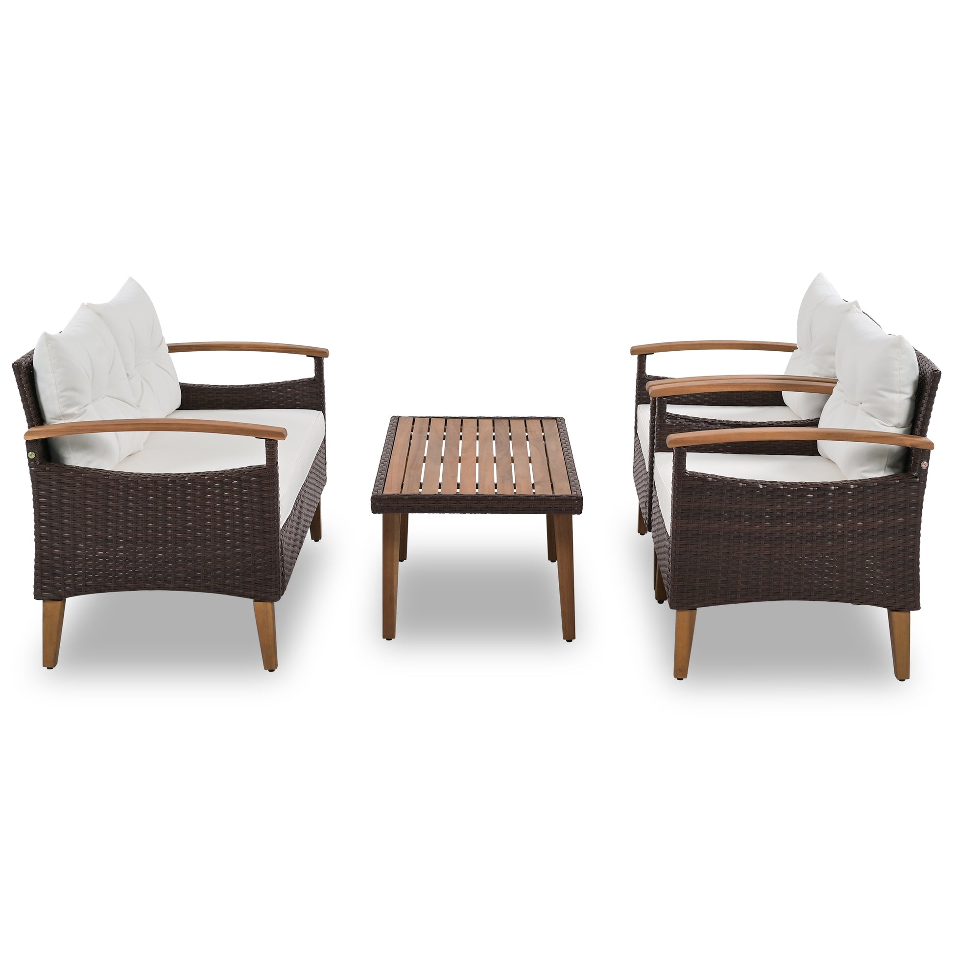 Dark brown wicker loveseat with white cushions and wooden armrests