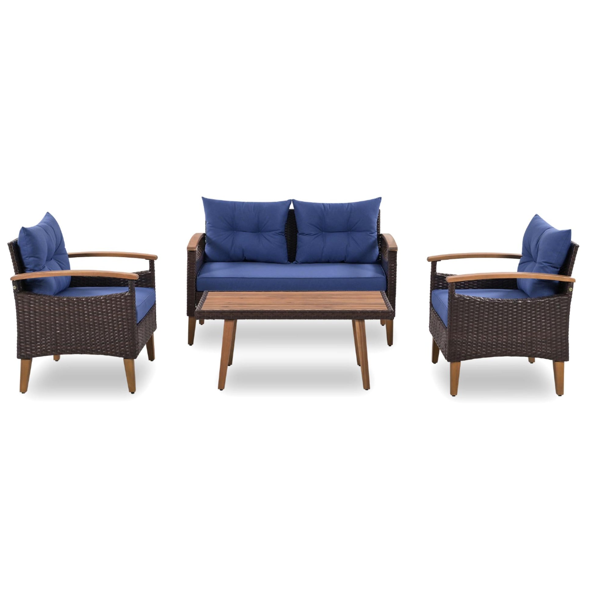Brown wicker patio loveseat with blue cushions and wooden arms