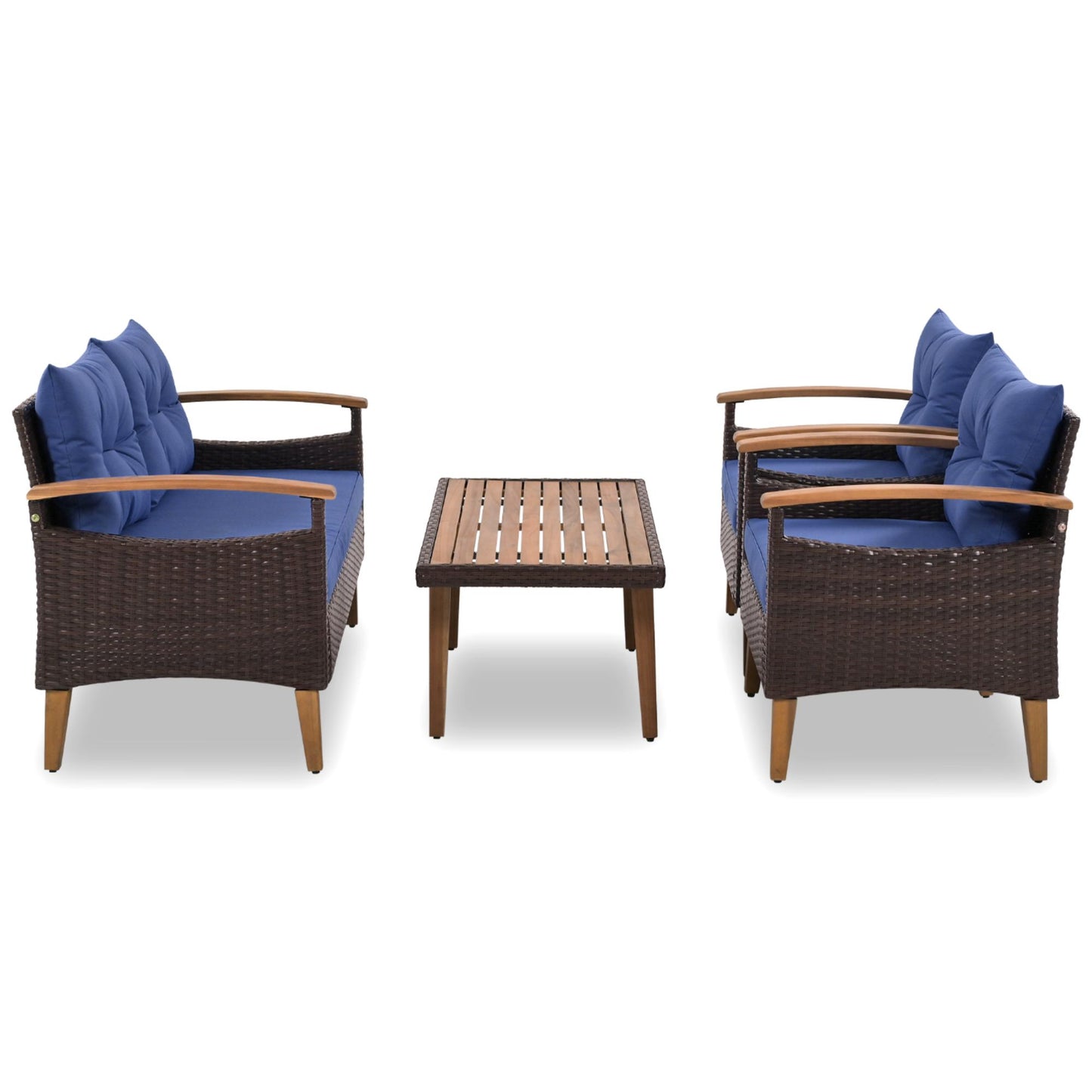 Brown wicker loveseat with blue cushions and wooden armrests