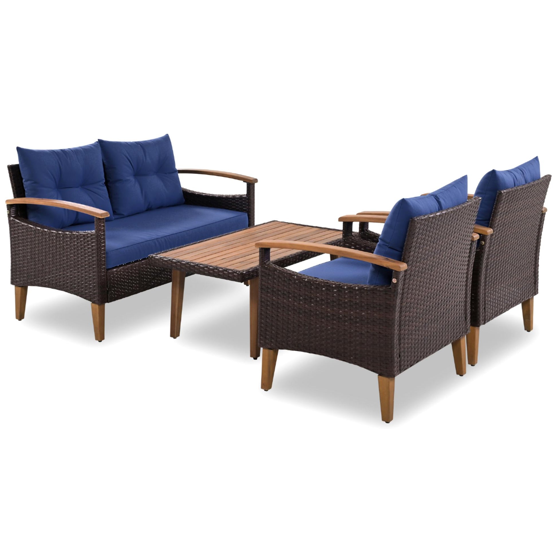 Brown rattan patio furniture set with blue cushions
