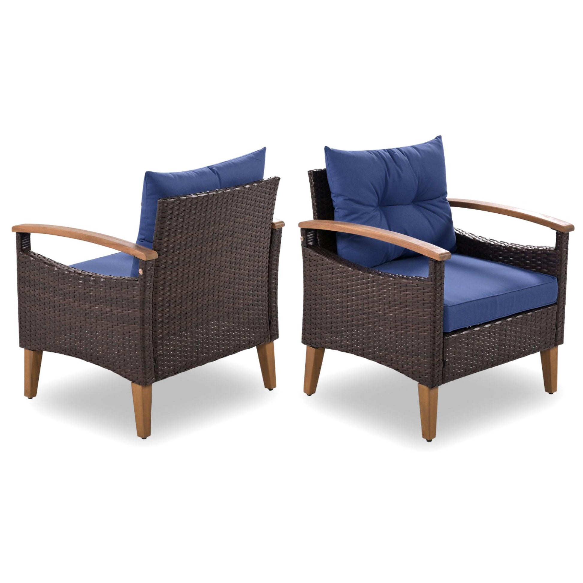 Brown wicker patio chair with blue cushions and wooden arms