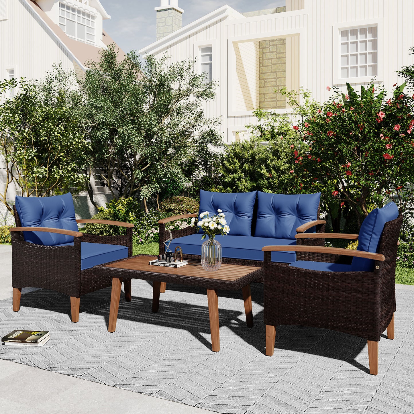 Dark brown wicker patio set with blue cushions and wooden accents