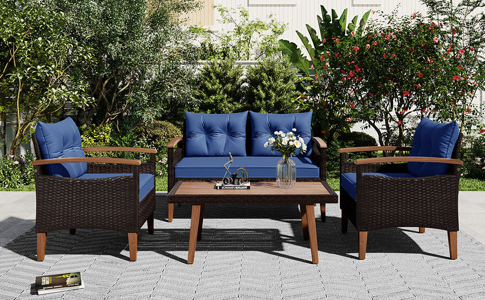 Dark brown wicker outdoor loveseat with blue cushions and wood arms