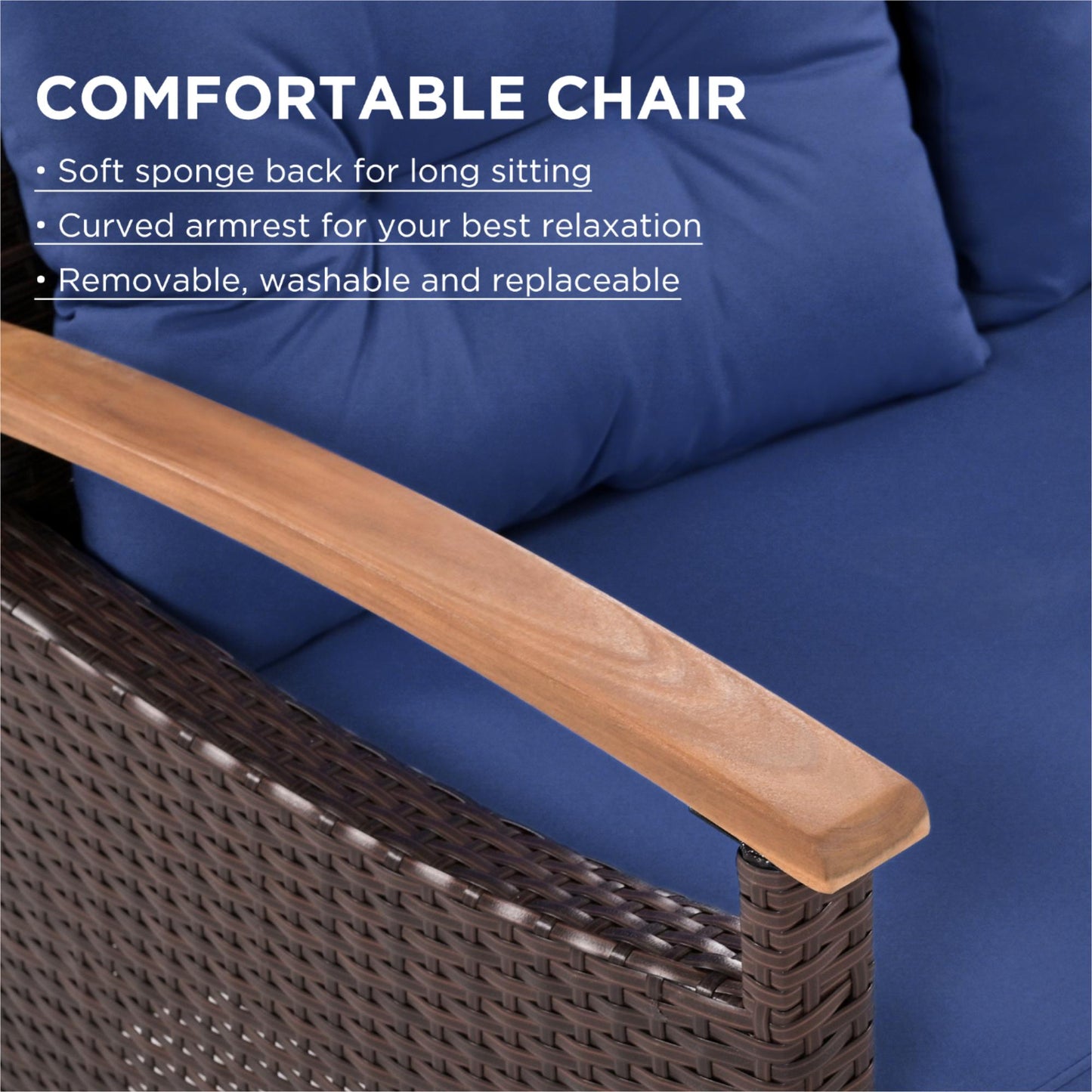 Brown rattan patio chair with plush blue cushions and wooden armrests