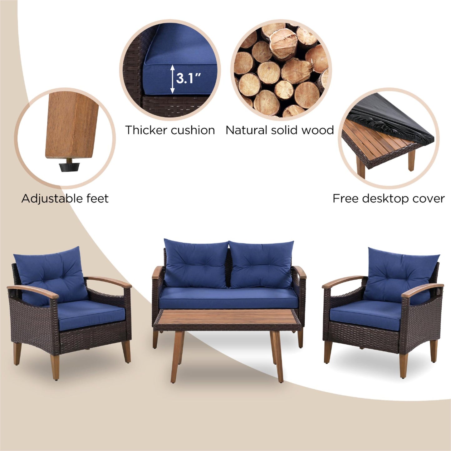 Brown rattan patio sofa set with thick blue cushions and adjustable feet