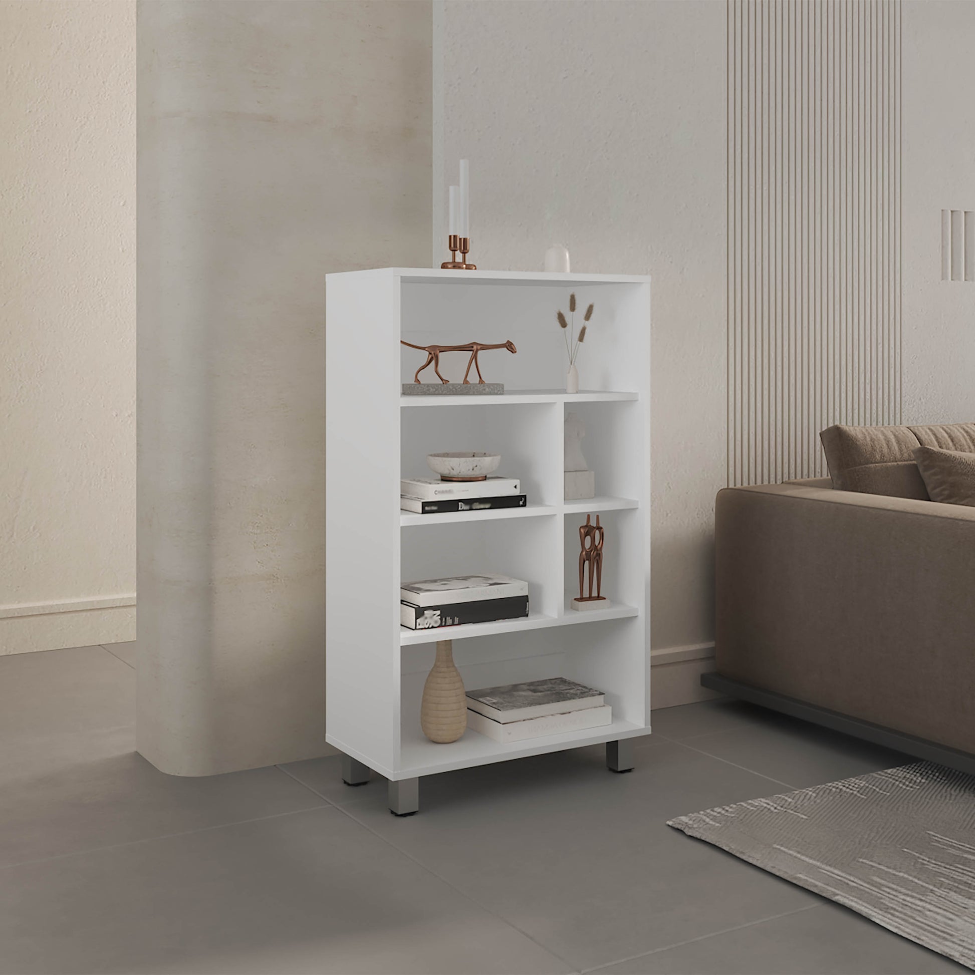 White modern bookshelf with metal legs