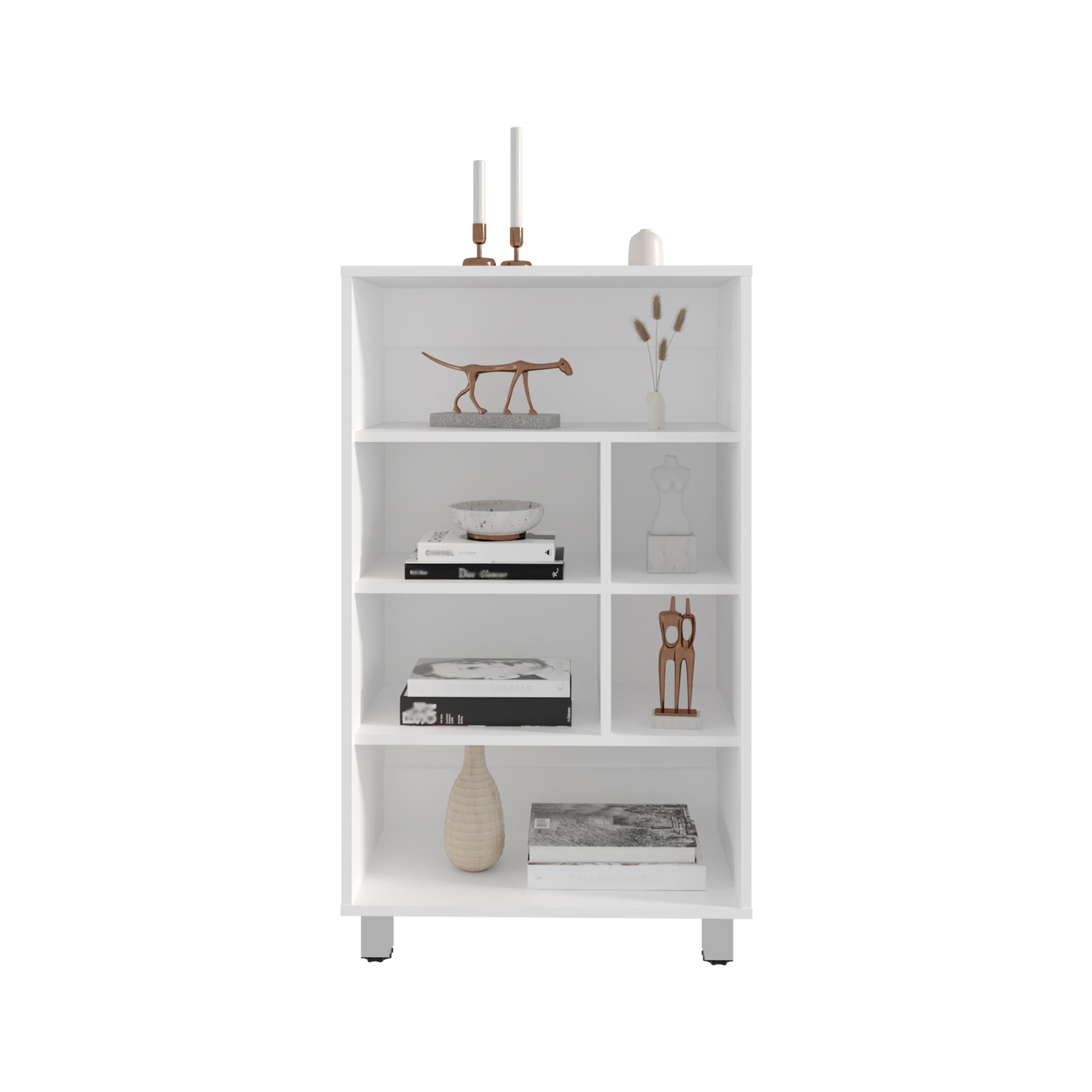 White modern bookshelf with five shelves and decorative items