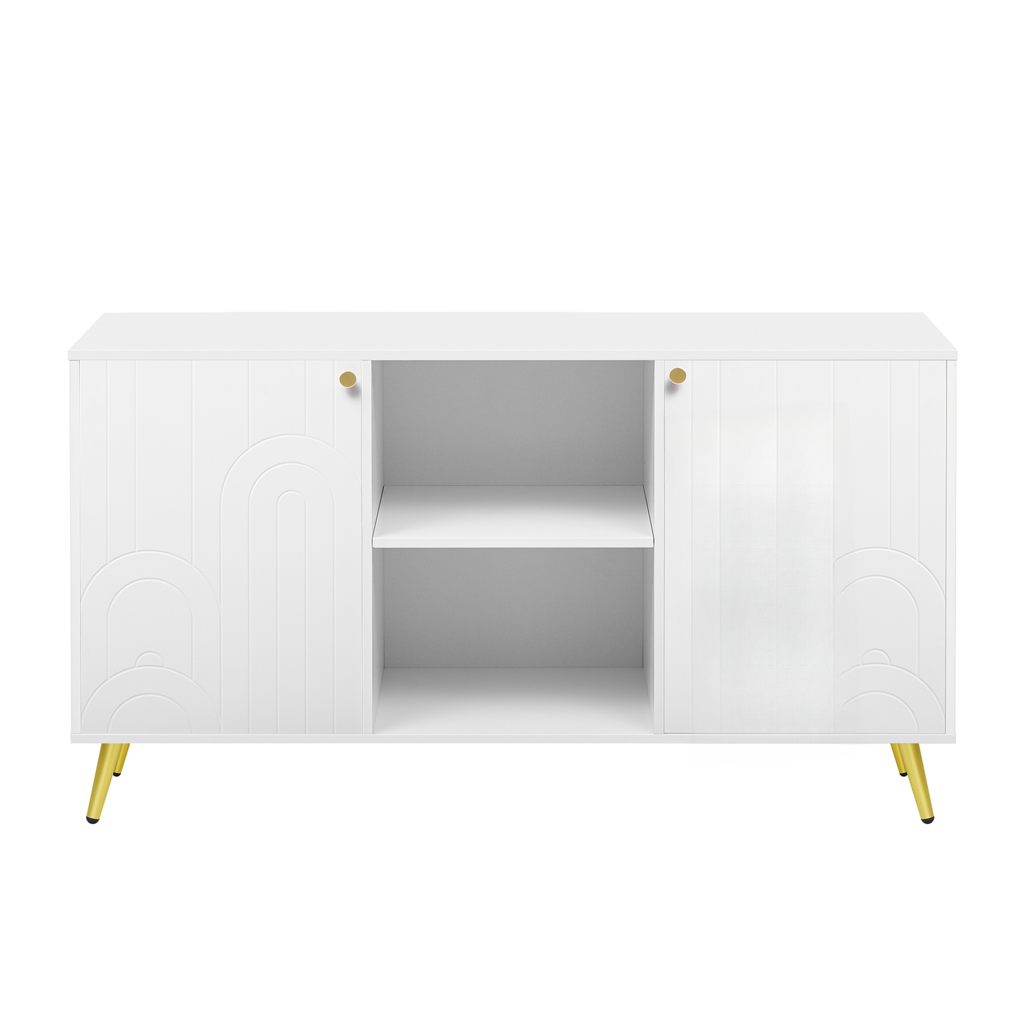White sideboard with art deco arch detailing on doors and gold legs