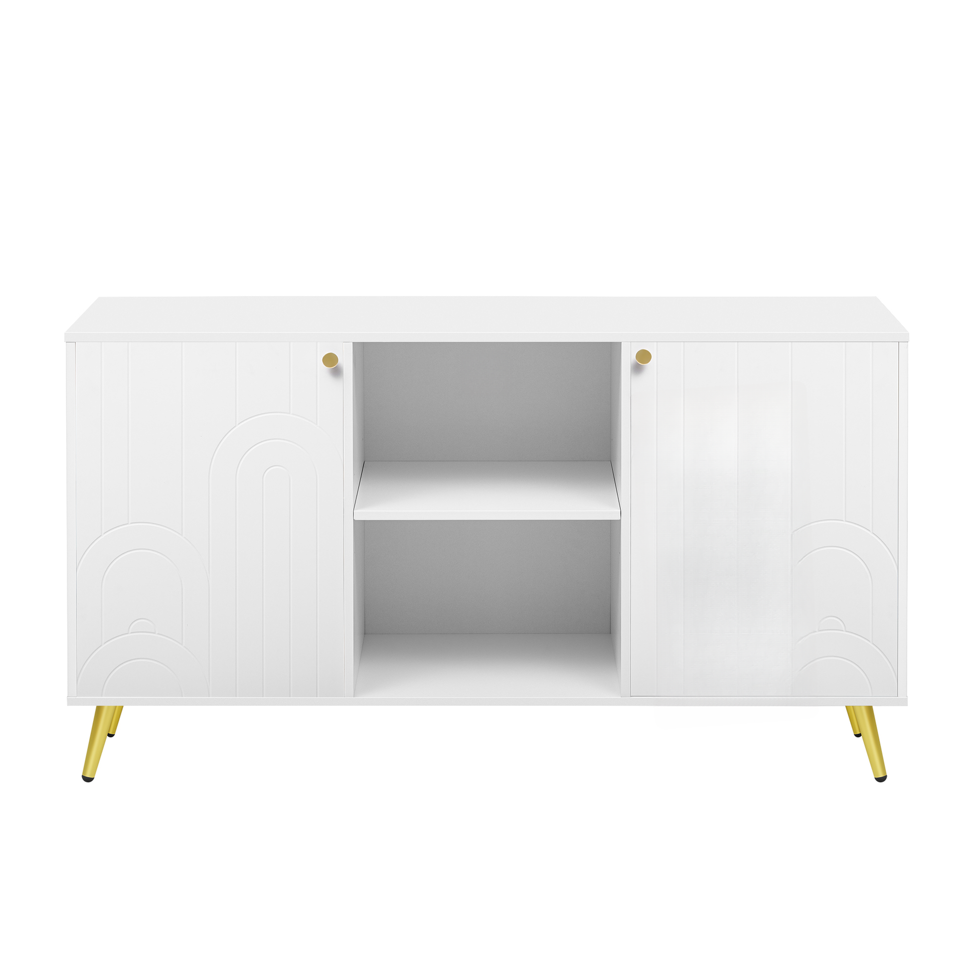 White sideboard with art deco arch detailing on doors and gold legs