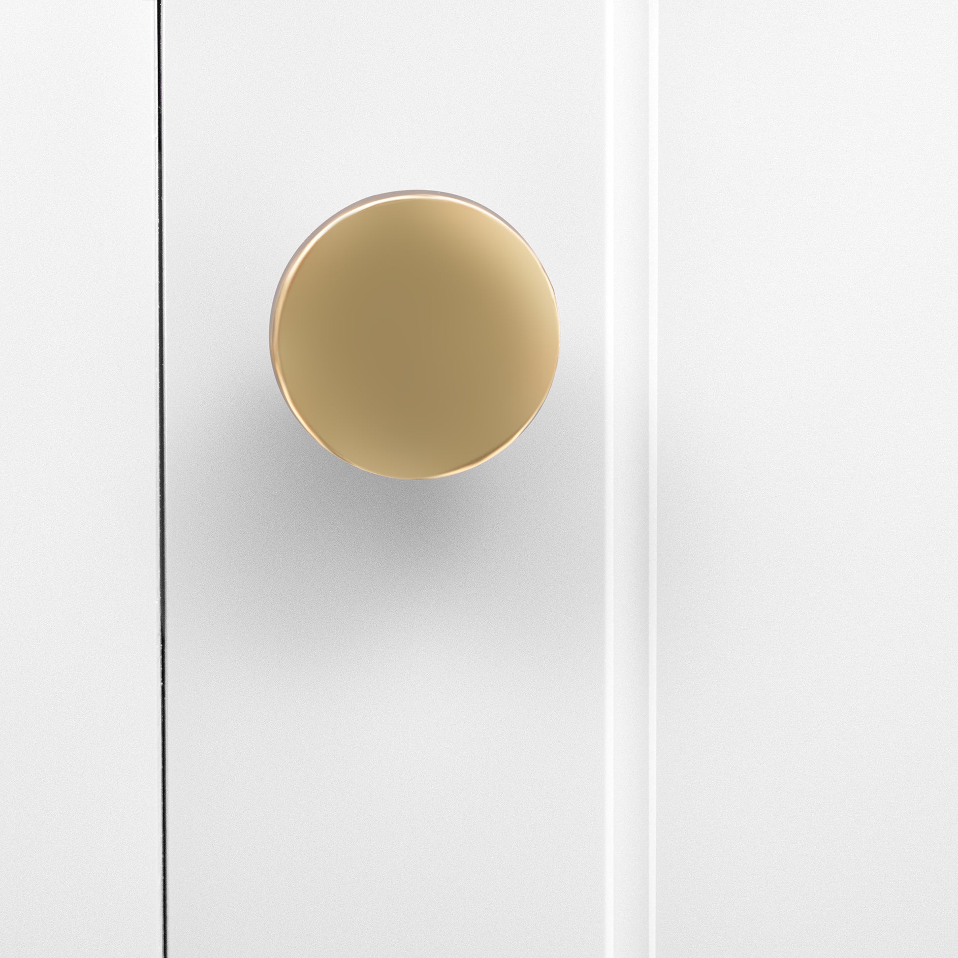 Brushed brass round cabinet knob on a white door