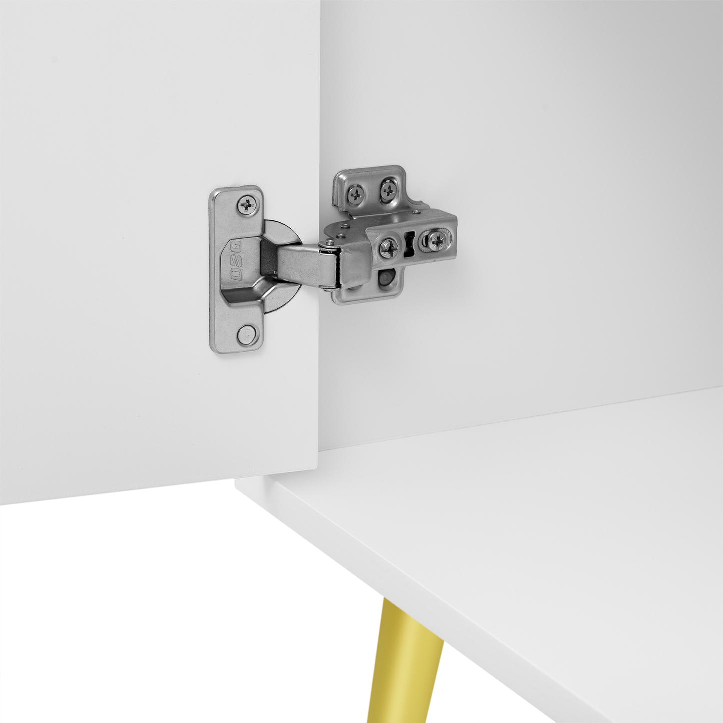 White cabinet door with brushed nickel hinge