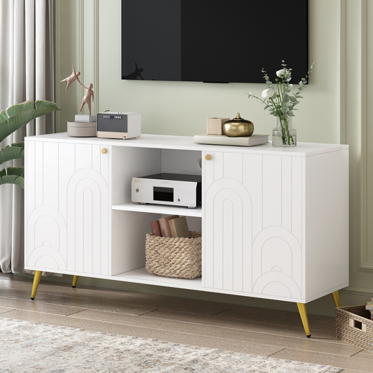 White media console with arched door fronts and gold legs