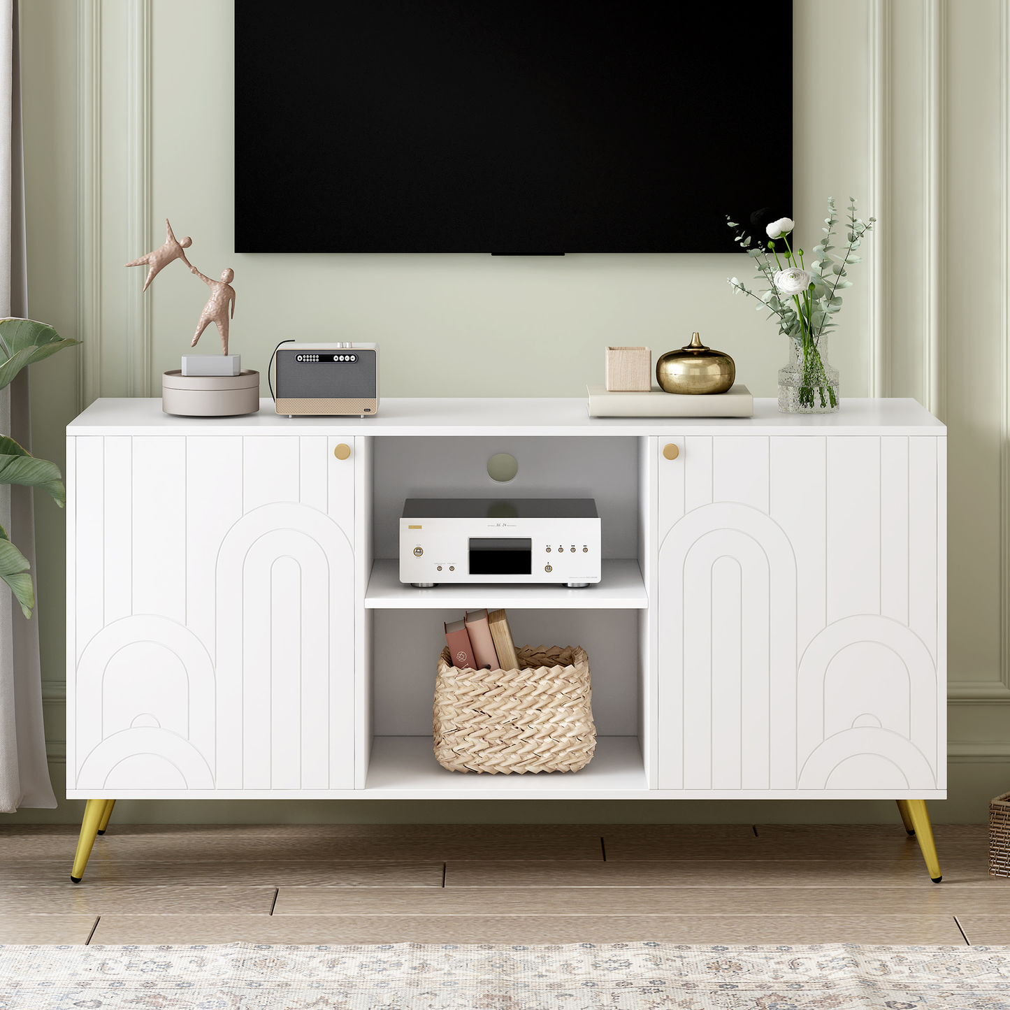 White arched door sideboard with gold legs and open shelving