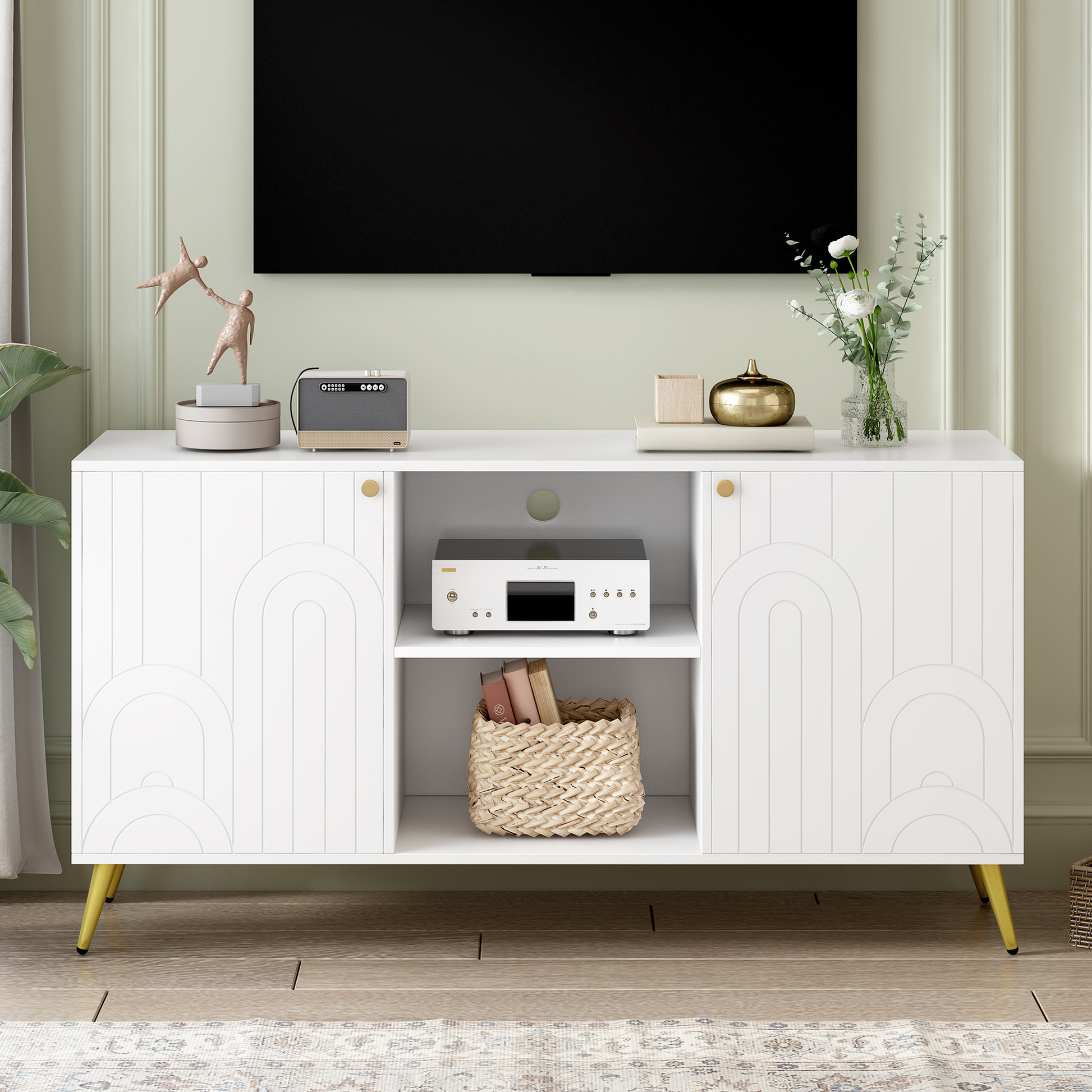 White arched door sideboard with gold legs and open shelving