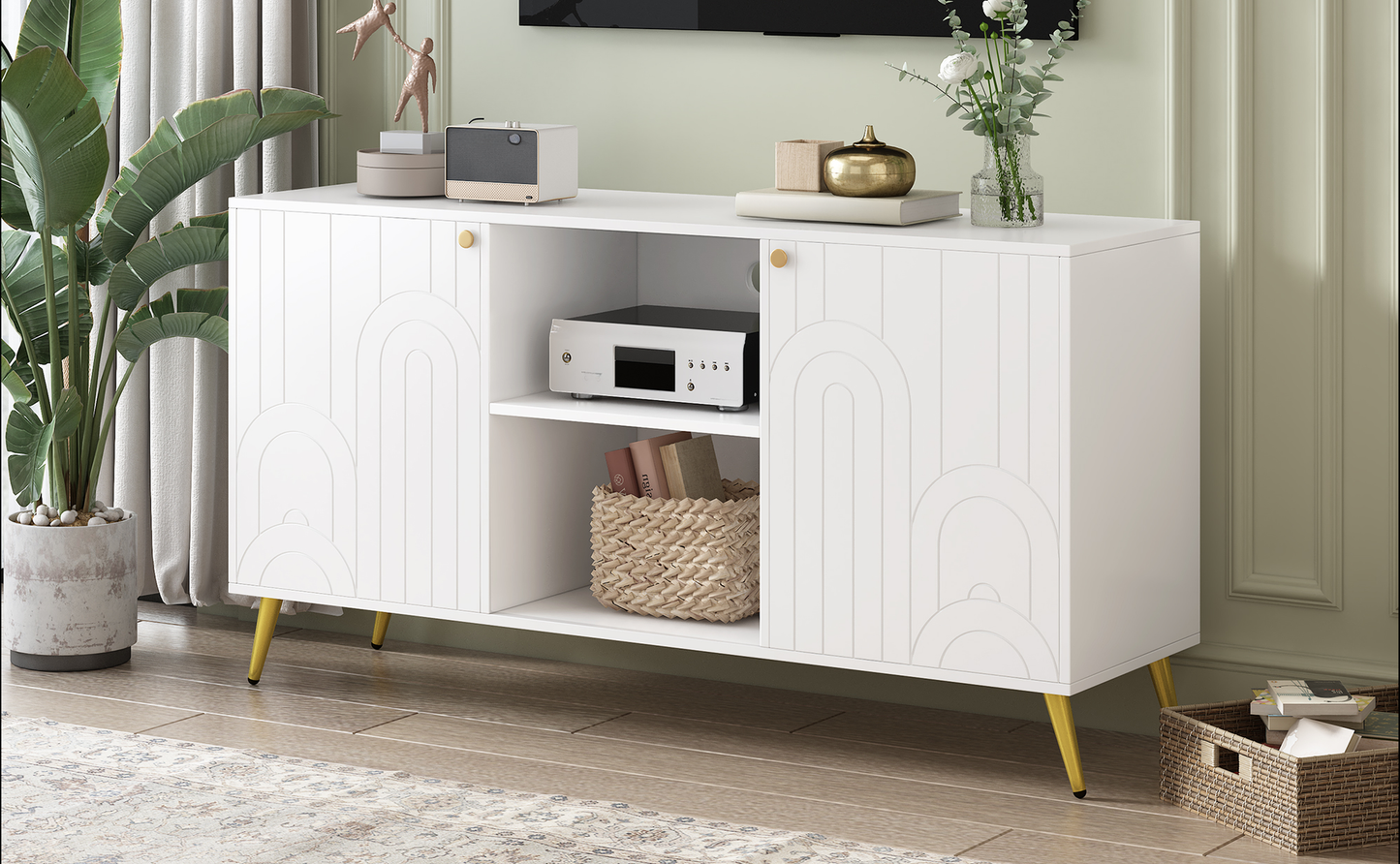 White media console with gold legs and arched door details