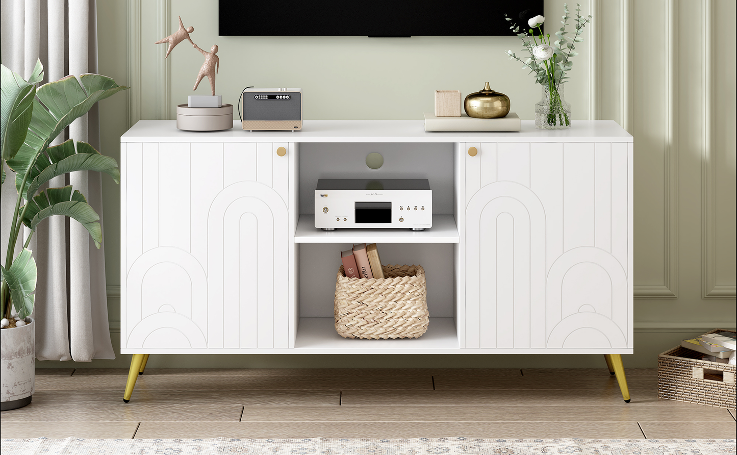 White media console with arched cabinet doors and gold legs