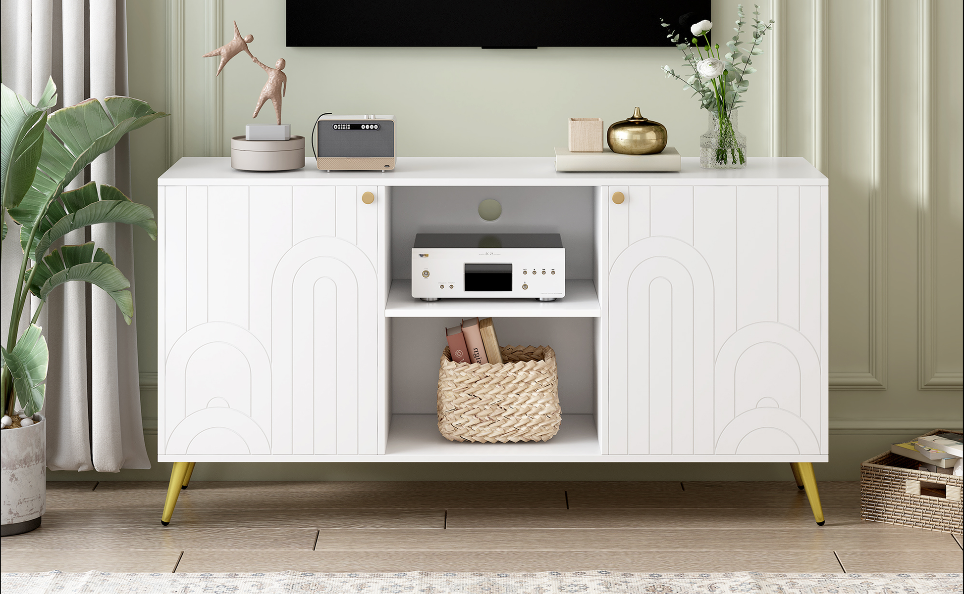 White media console with arched cabinet doors and gold legs