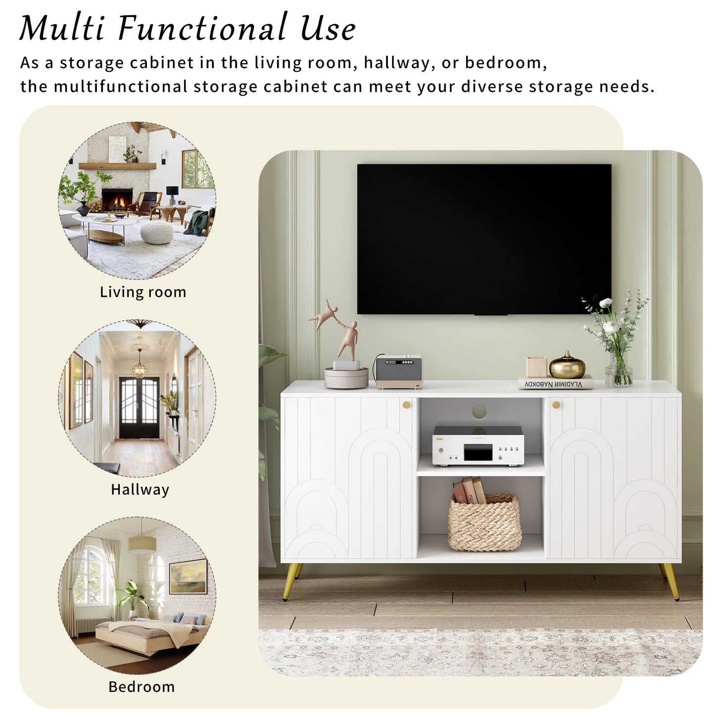 White media console with geometric arch design and gold legs