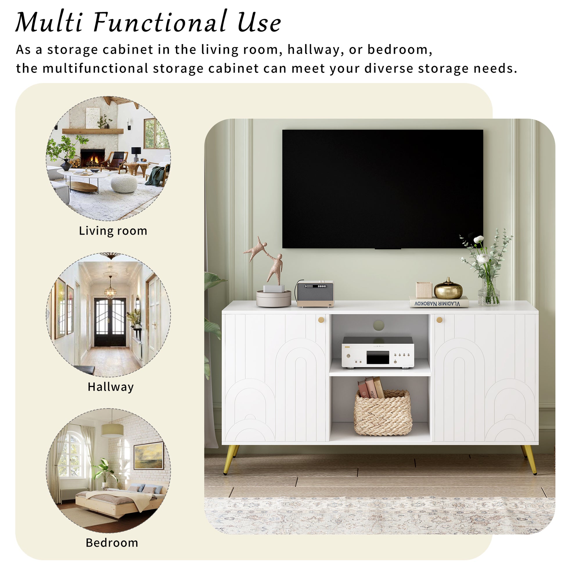 White media console with geometric arch design and gold legs