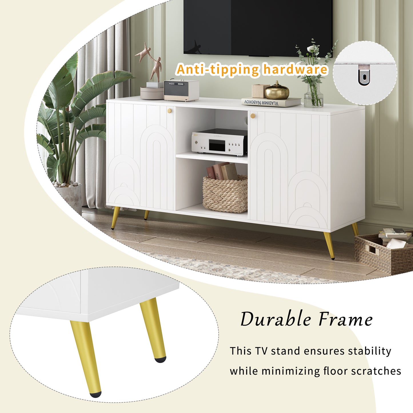 White modern TV stand with gold legs and arch details