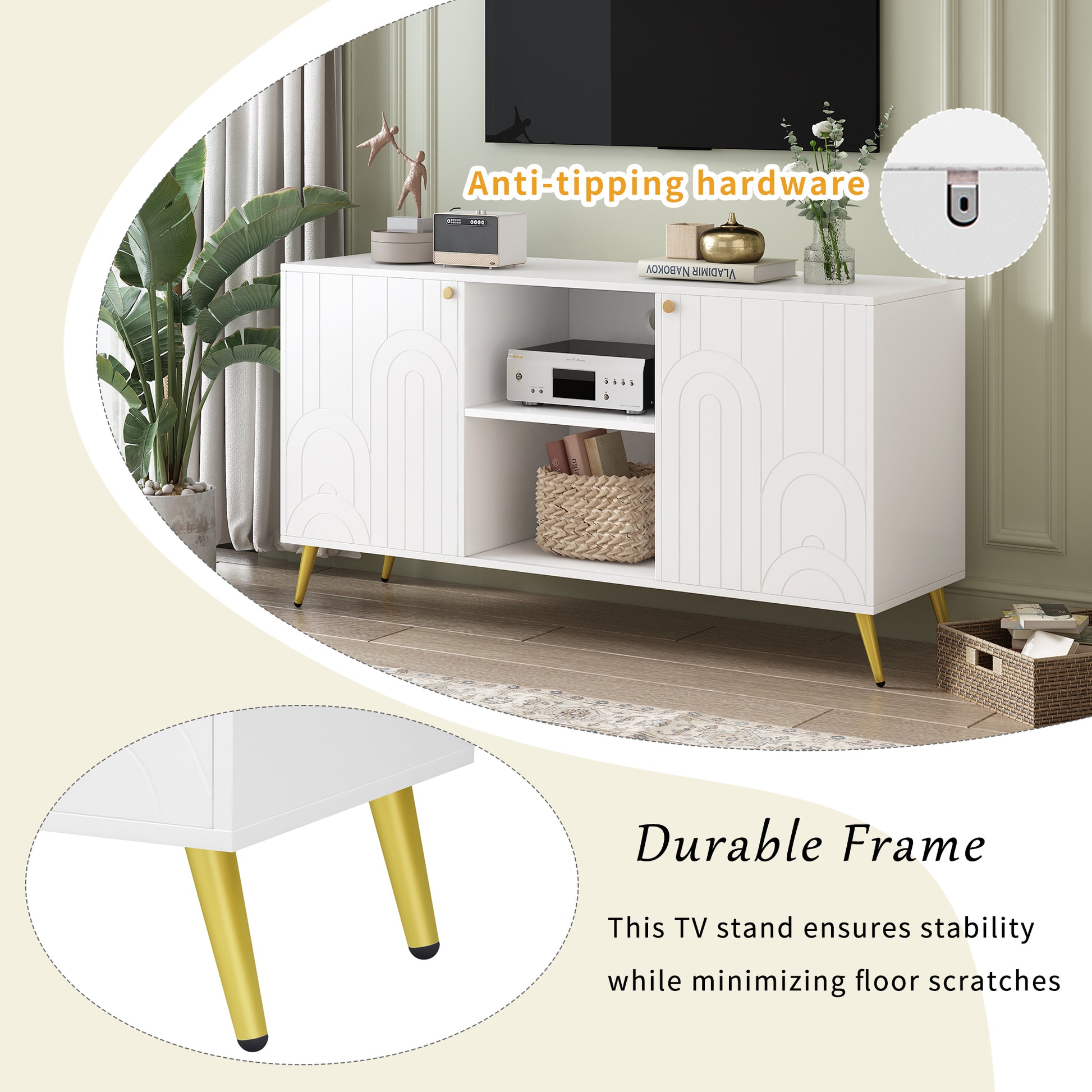 White modern TV stand with gold legs and arch details