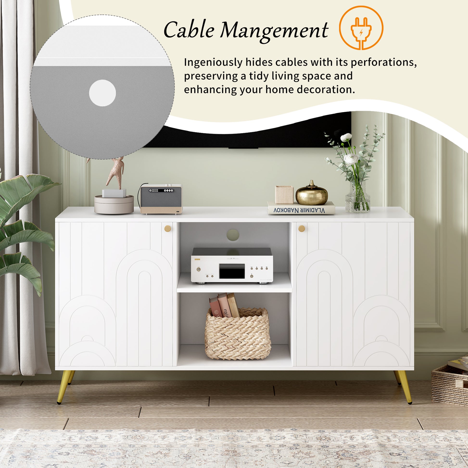 White TV stand with gold legs and arched door design