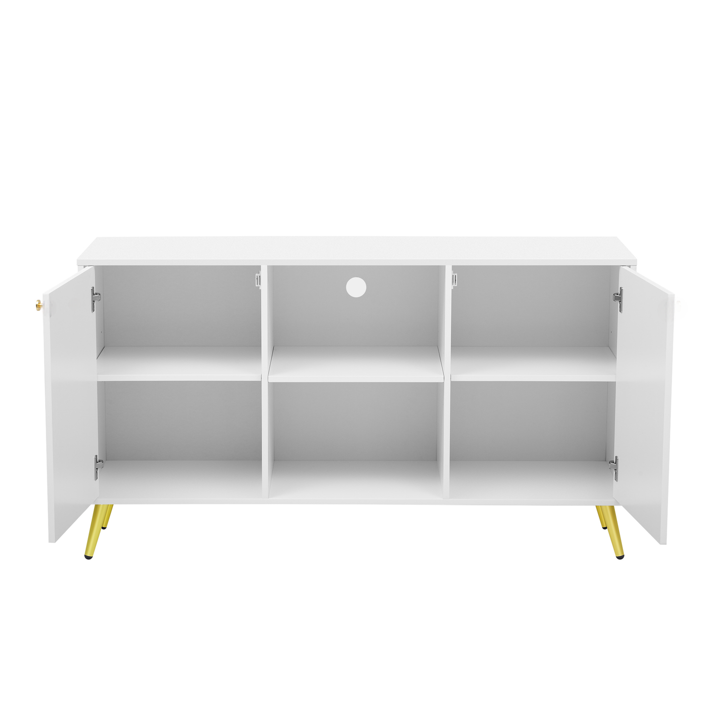 White modern media console with open doors and gold legs