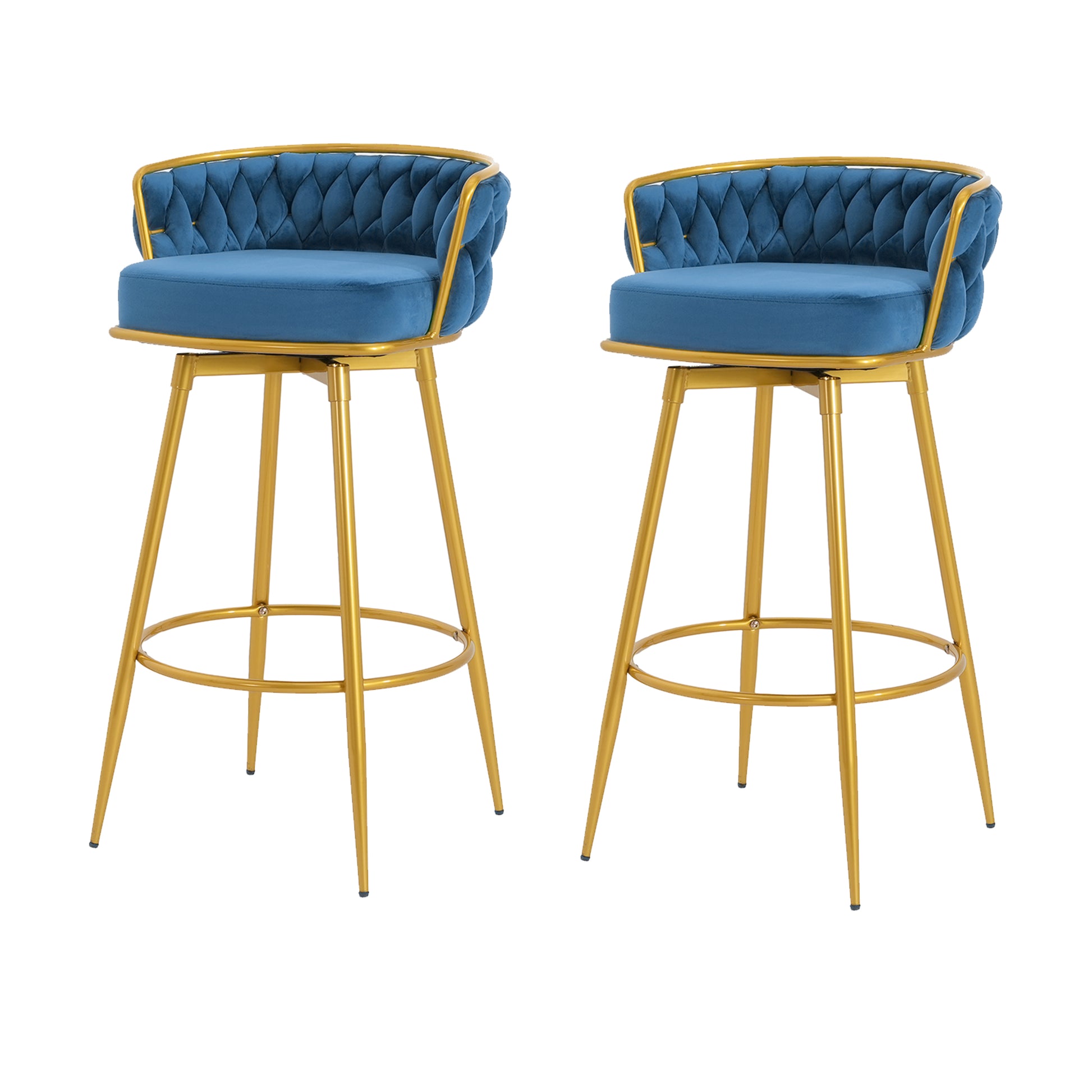 Two blue velvet bar stools with gold metal legs and diamond tufting