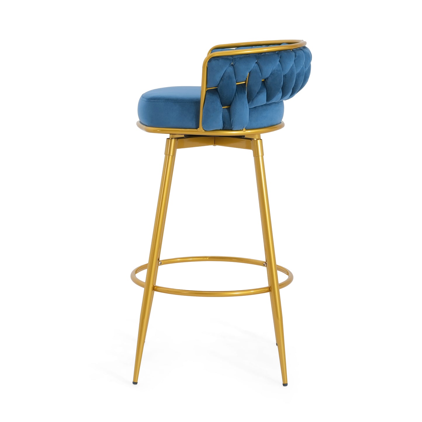 Blue velvet bar stool with tufted back and gold metal legs