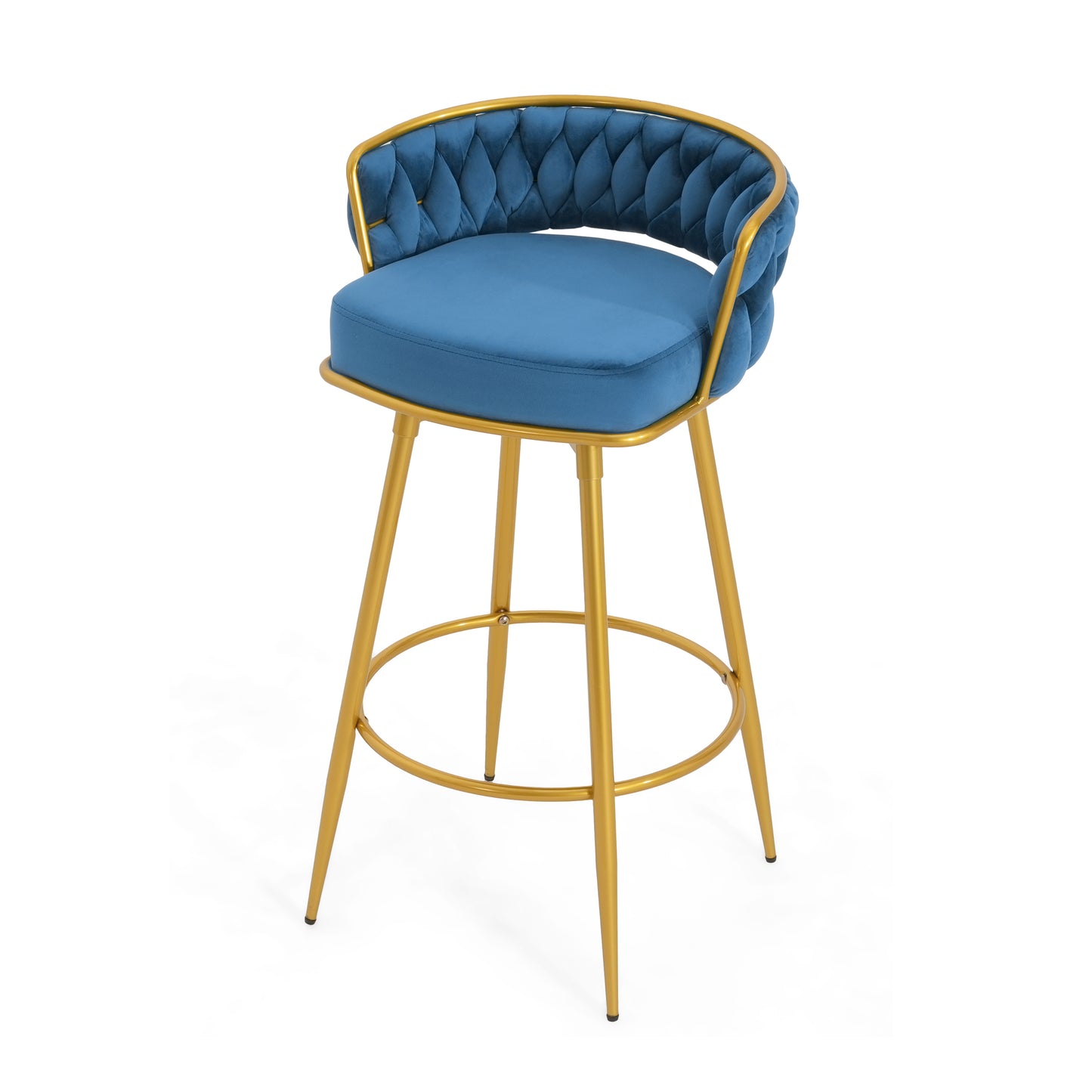 Blue velvet bar stool with diamond tufting and gold metal legs