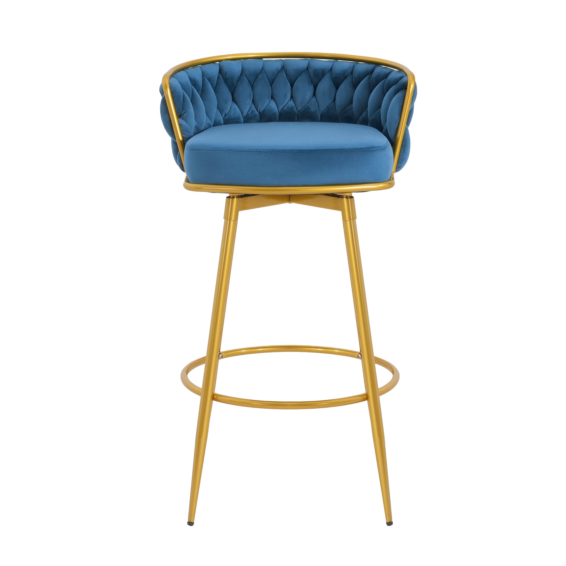 Teal velvet bar stool with tufted back and gold metal legs