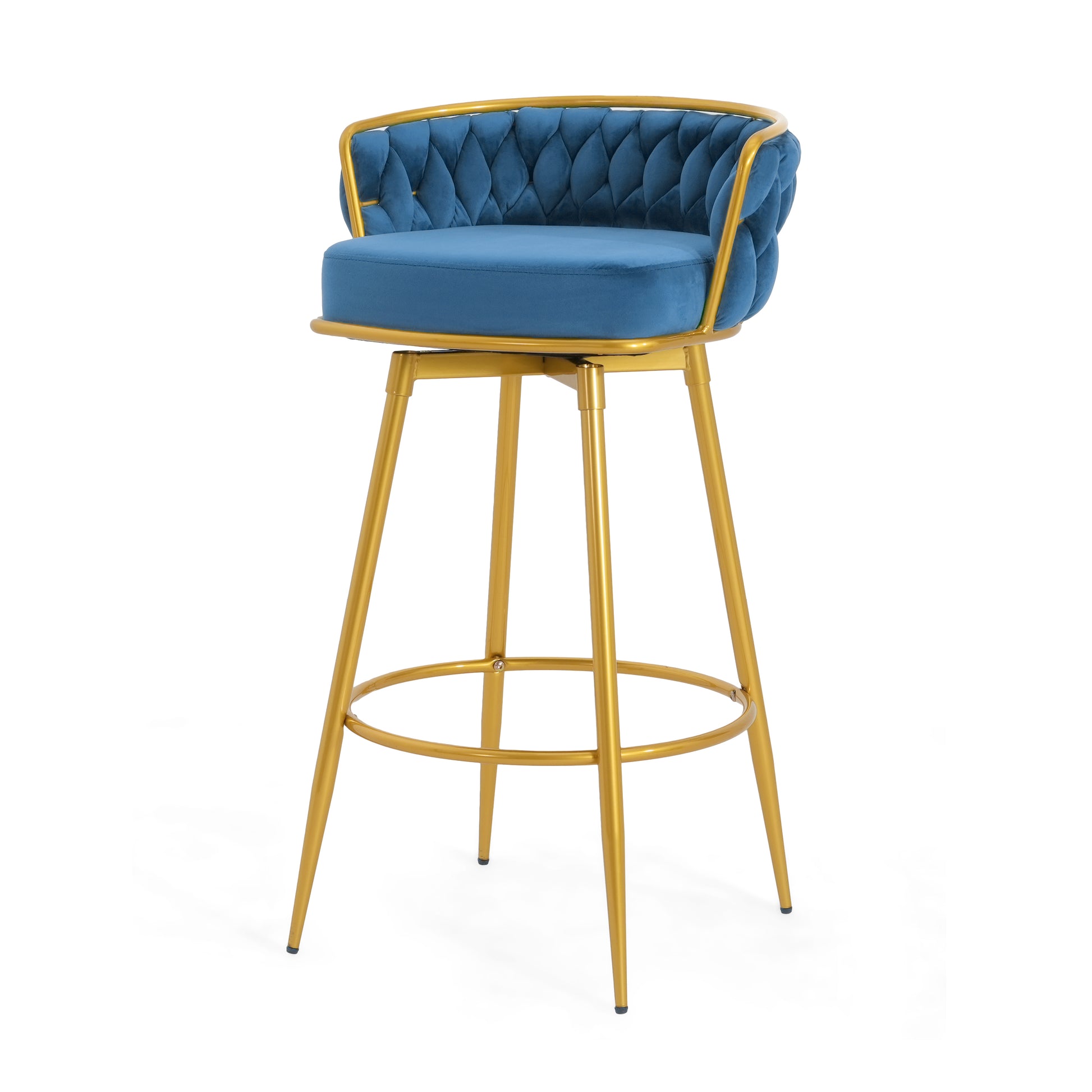 Tufted blue velvet bar stool with gold metal legs and a gold frame