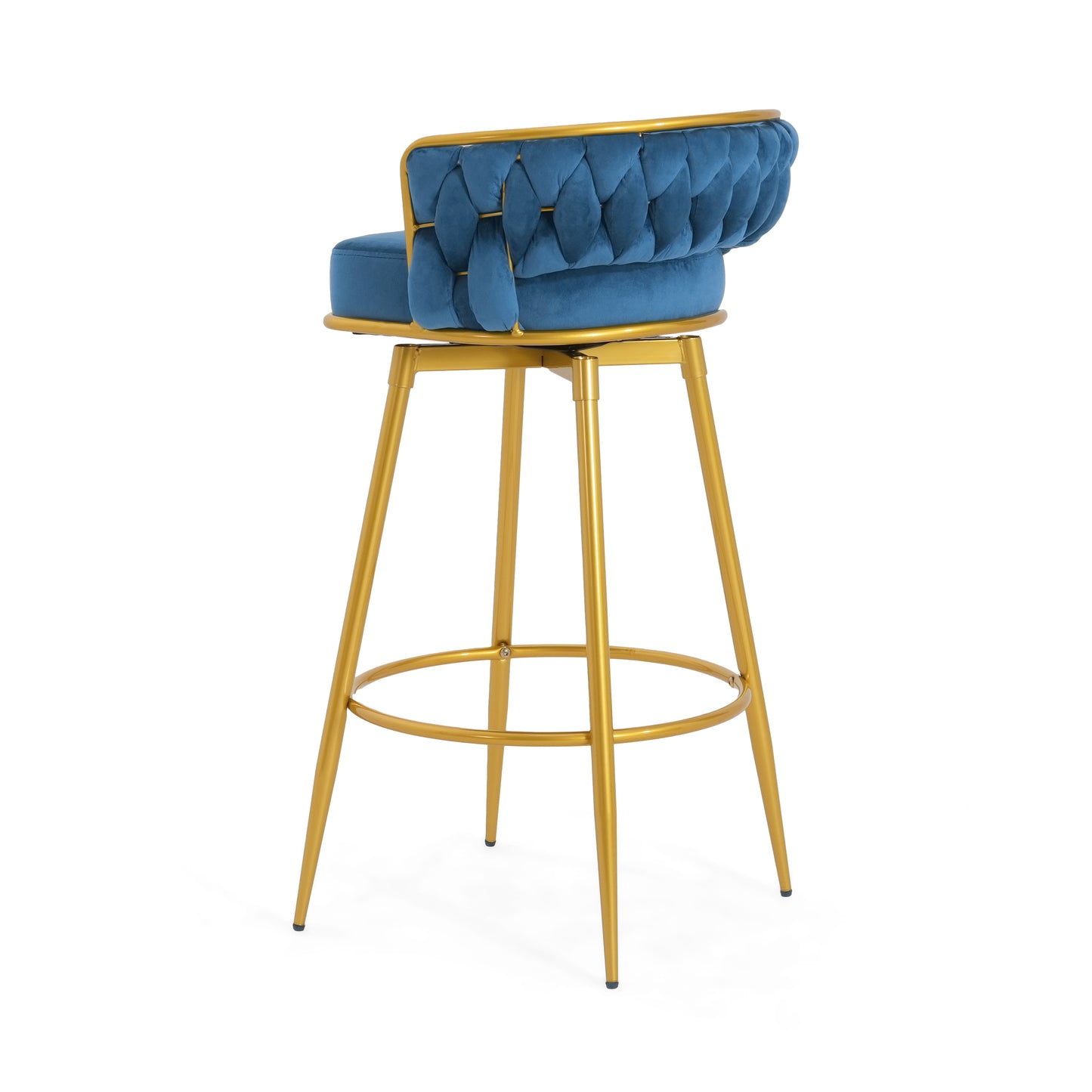 Tufted blue velvet bar stool with gold frame and legs