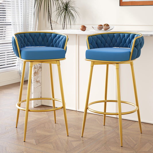 Blue velvet bar stool with tufted back and gold metal legs