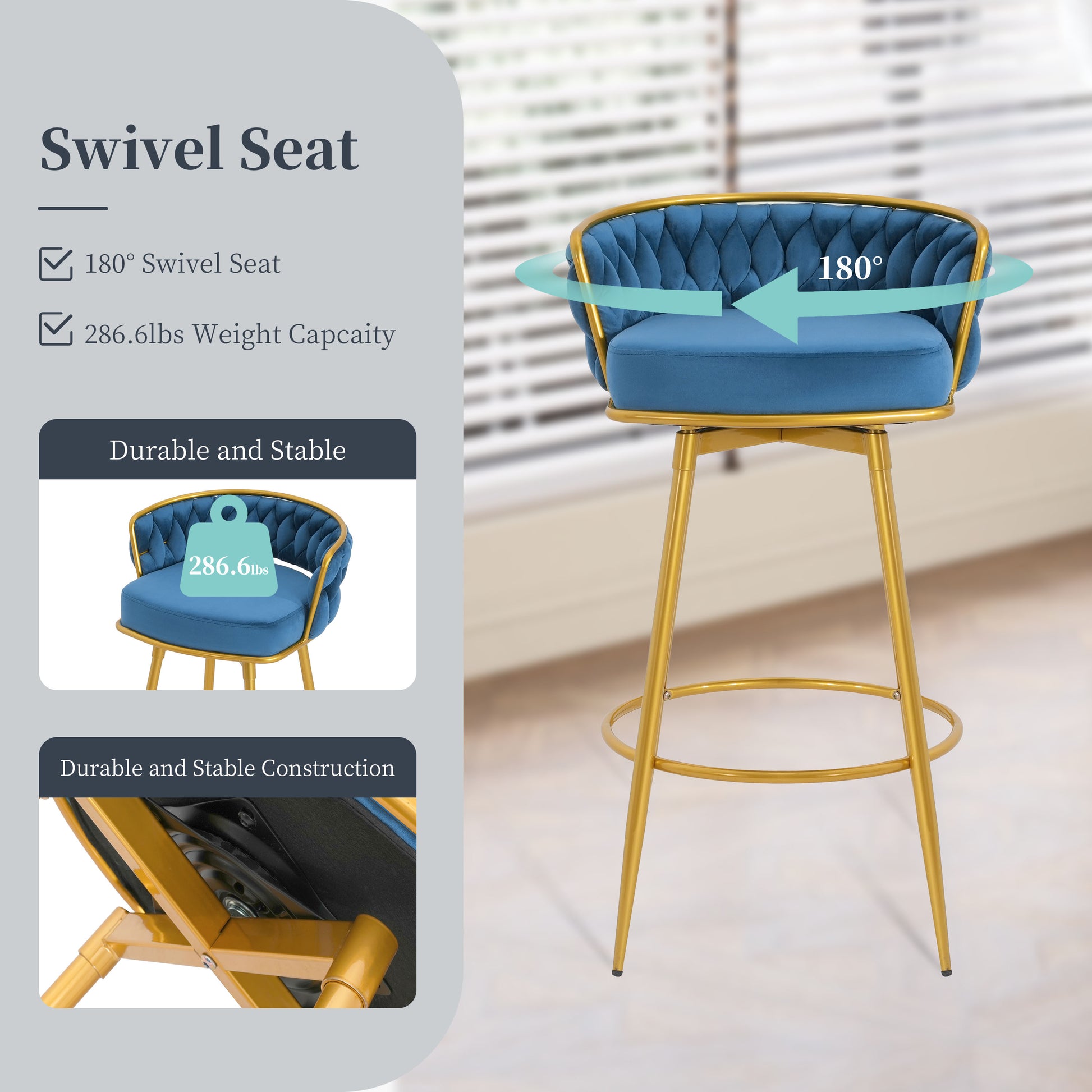 Blue velvet swivel bar stool with tufted seat and gold legs