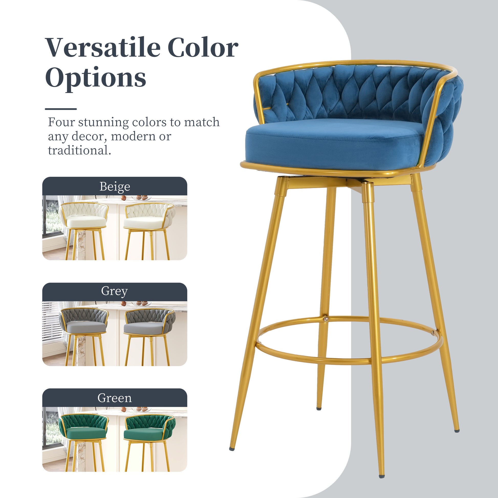Blue velvet bar stool with gold legs and tufted backrest