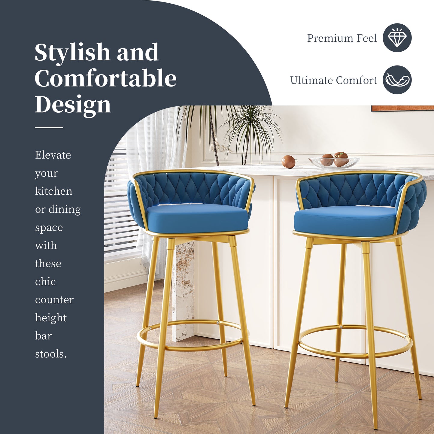 Blue velvet counter height bar stool with gold legs and diamond tufting
