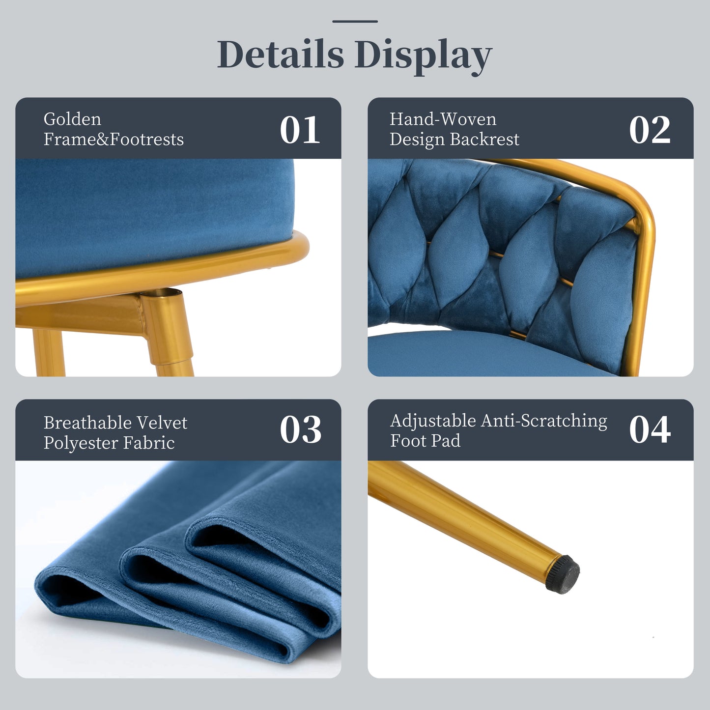 Blue velvet chair with golden frame and footrests