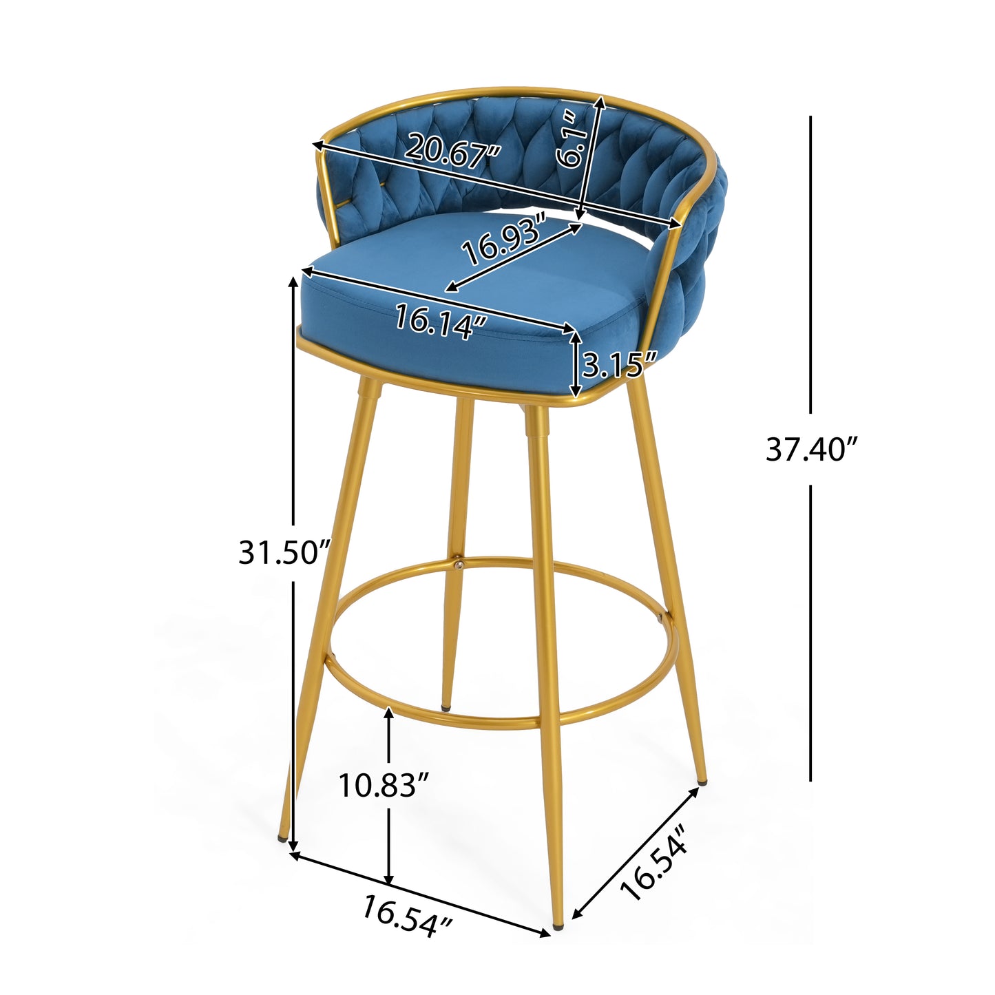 Blue velvet tufted bar stool with gold metal legs and footrest