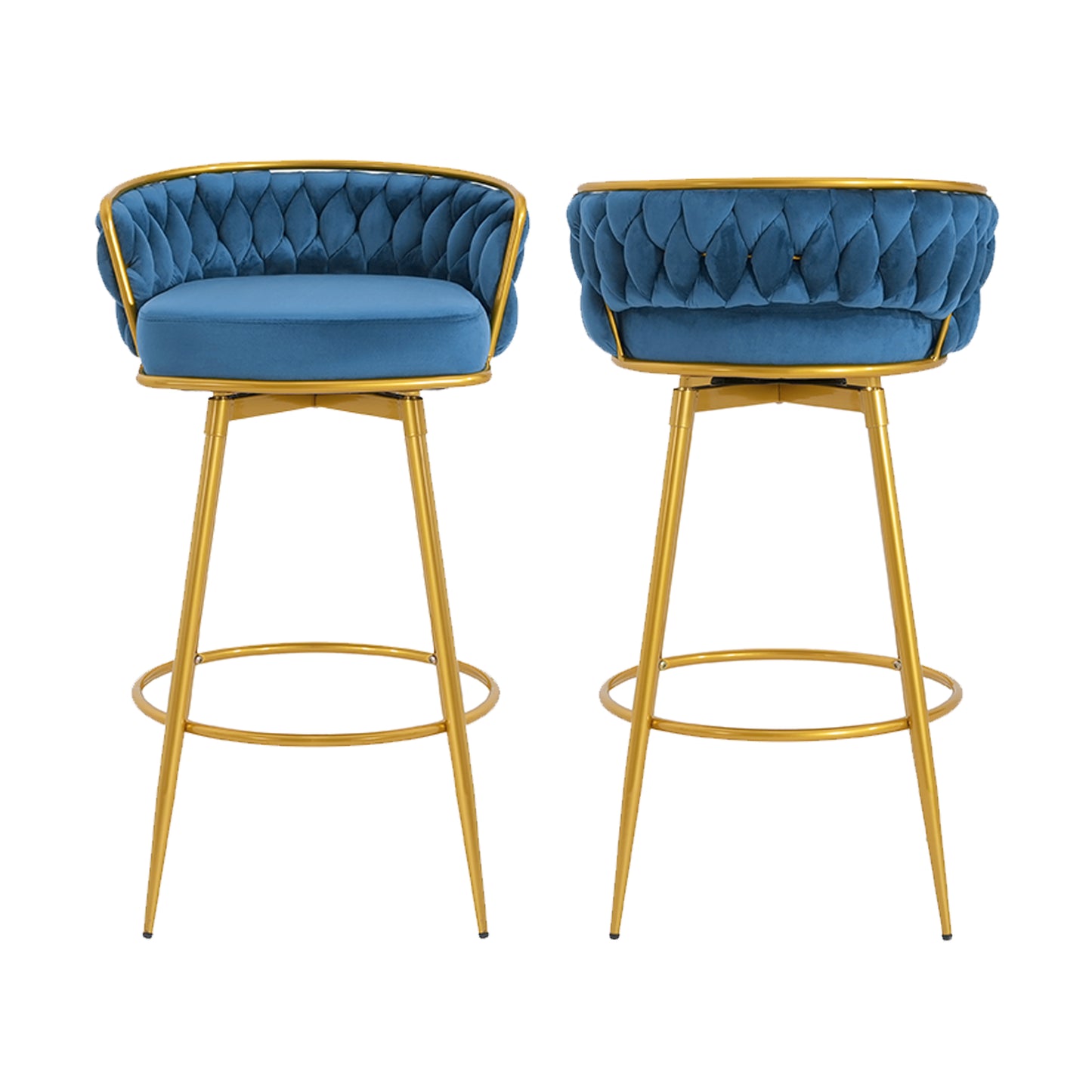 Two blue velvet bar stools with gold legs and tufted backs