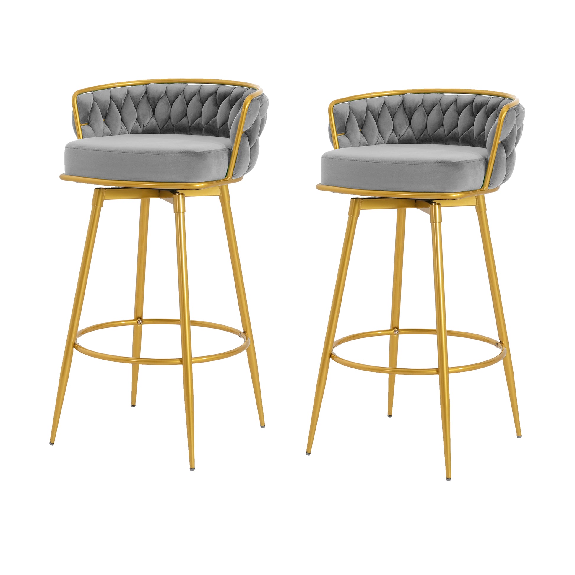 Gray velvet tufted swivel bar stool with gold metal legs