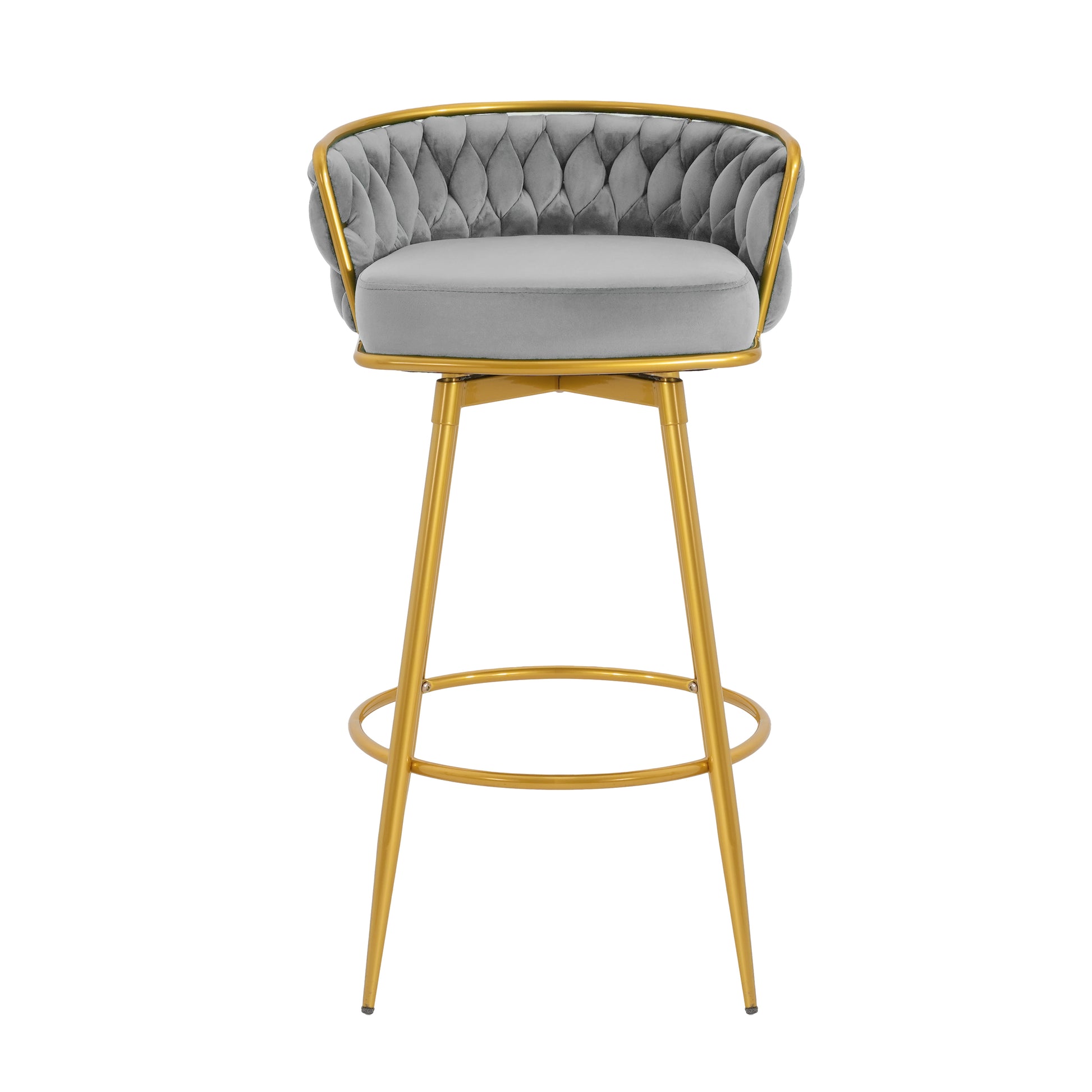 Grey velvet swivel bar stool with gold frame