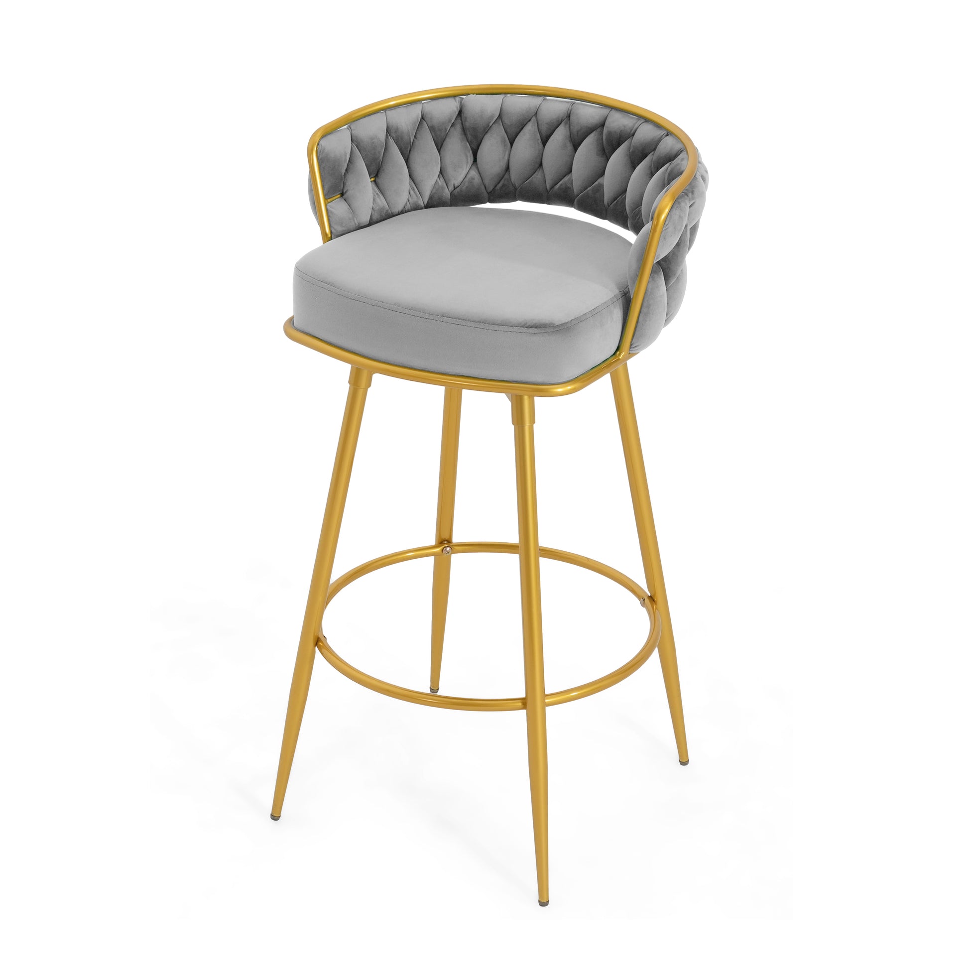 Grey velvet bar stool with tufted back and gold metal legs