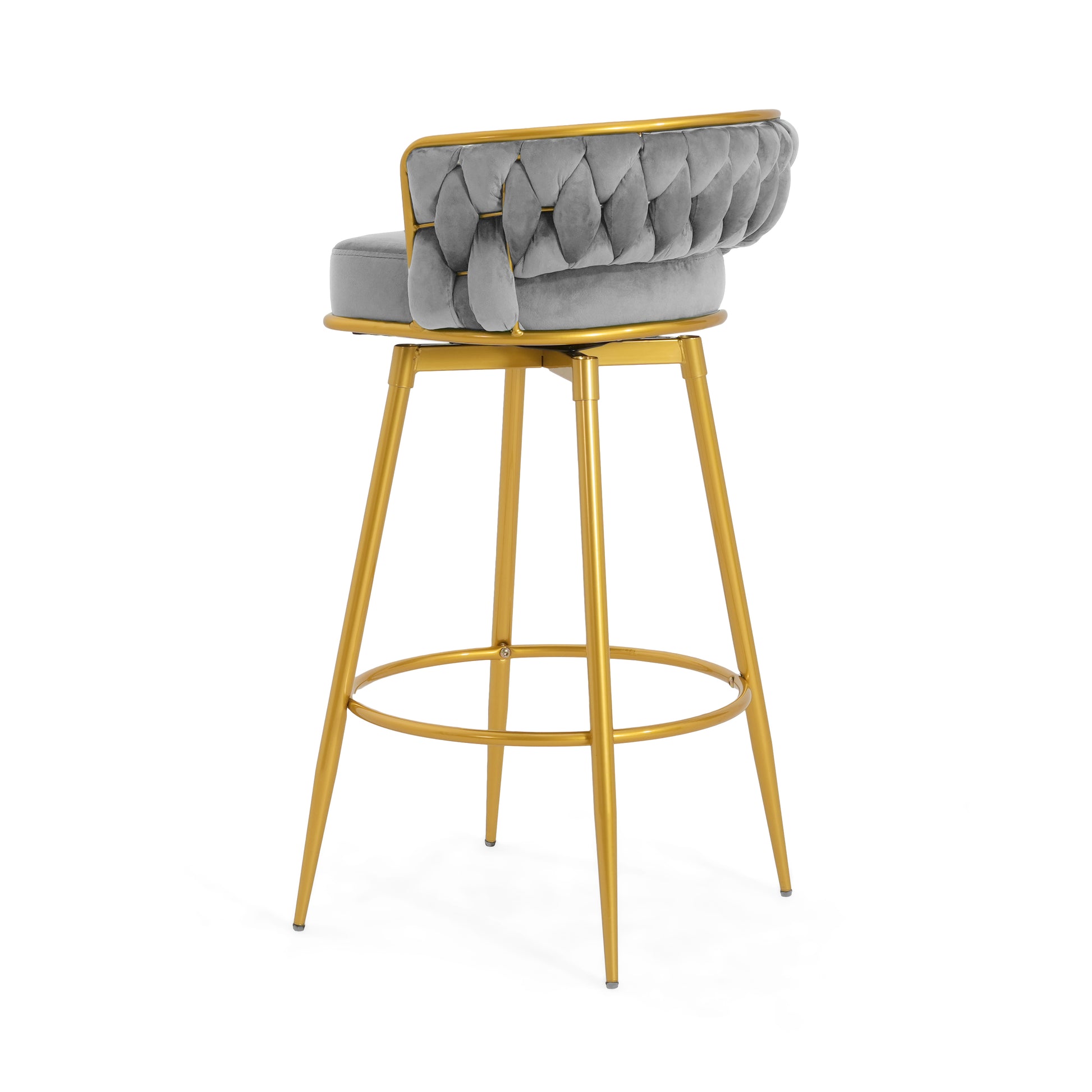 Grey velvet swivel bar stool with tufted back and gold legs