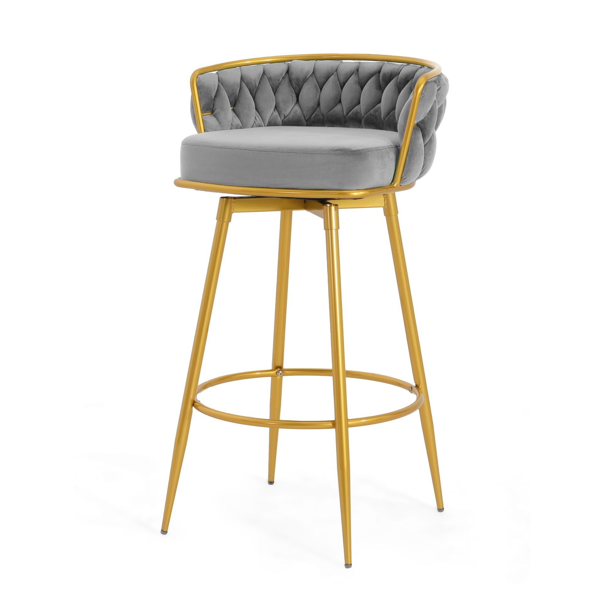 Grey velvet tufted bar stool with gold metal legs and frame