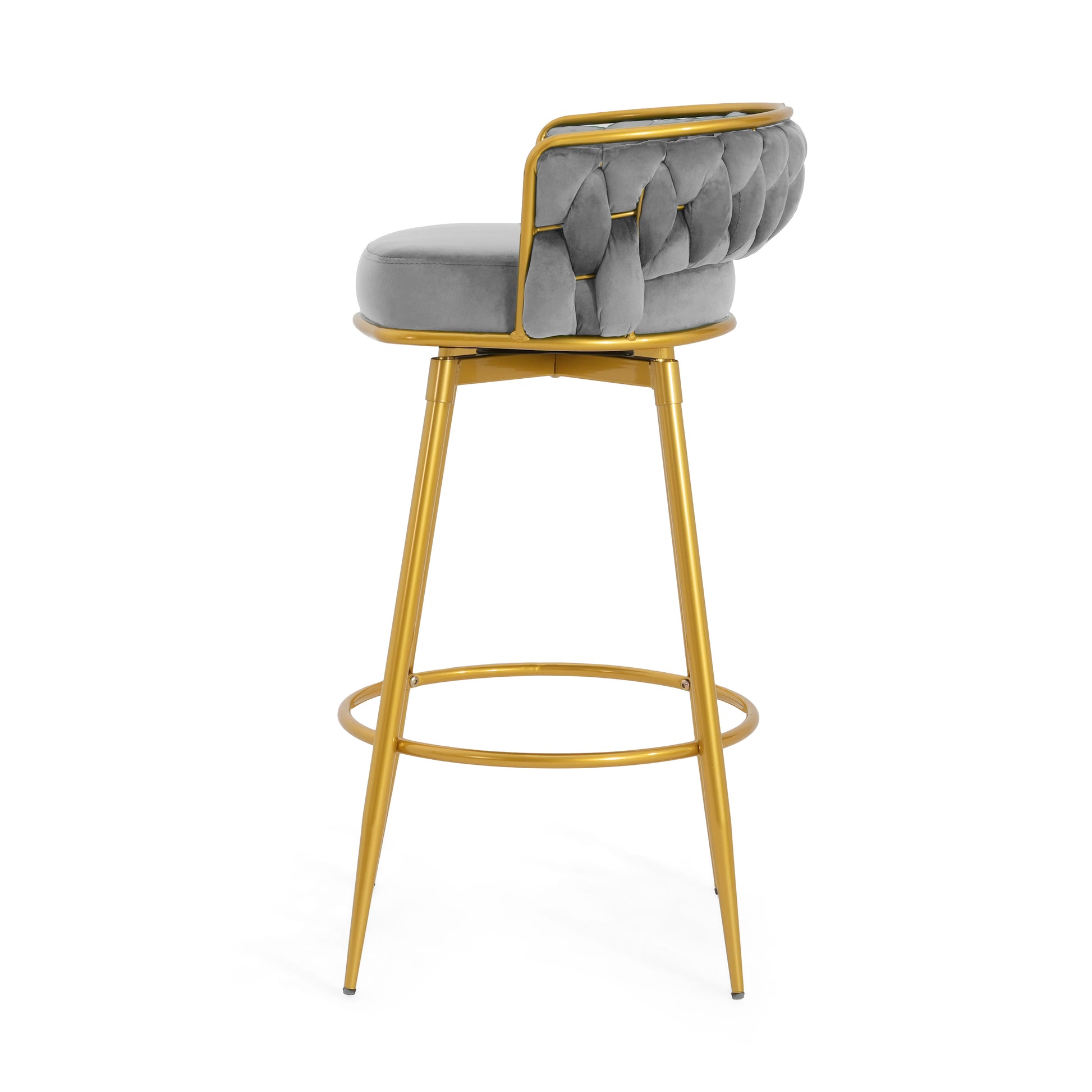 Grey velvet bar stool with tufted back and gold metal legs