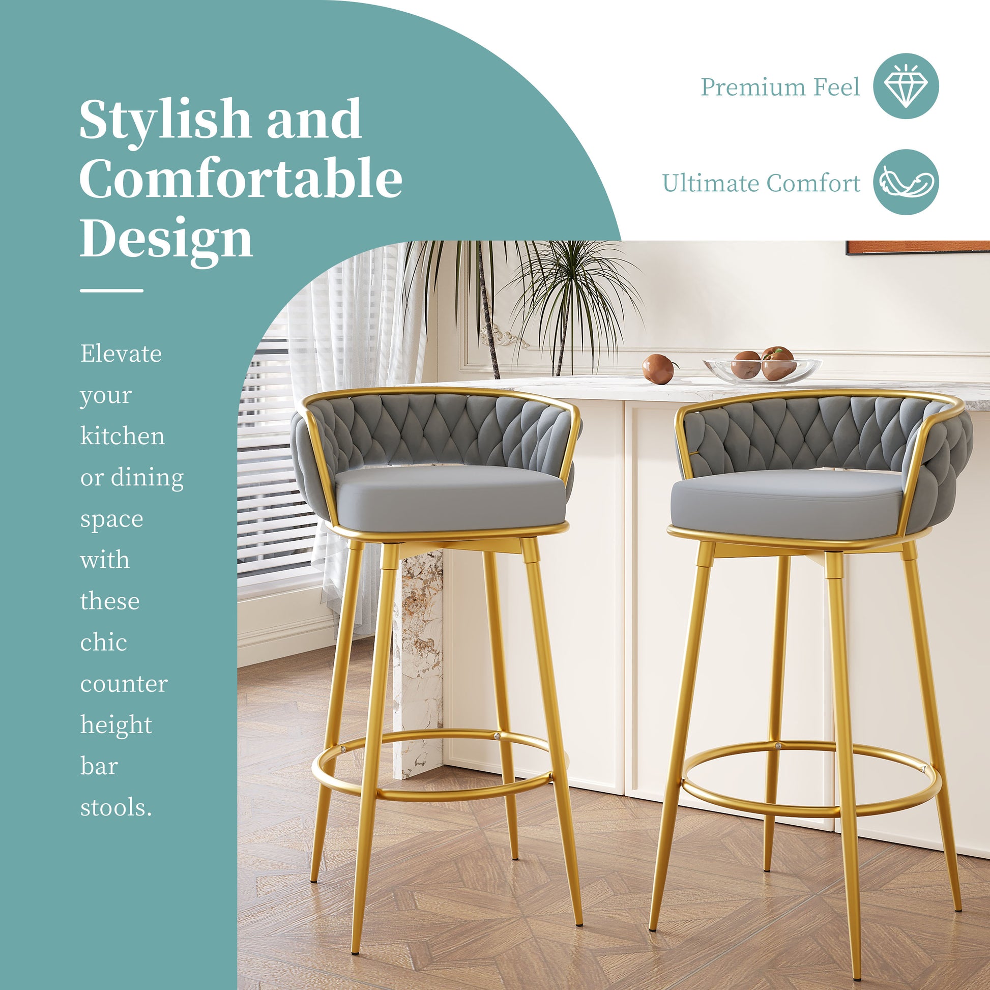 Grey tufted counter height bar stools with gold metal legs